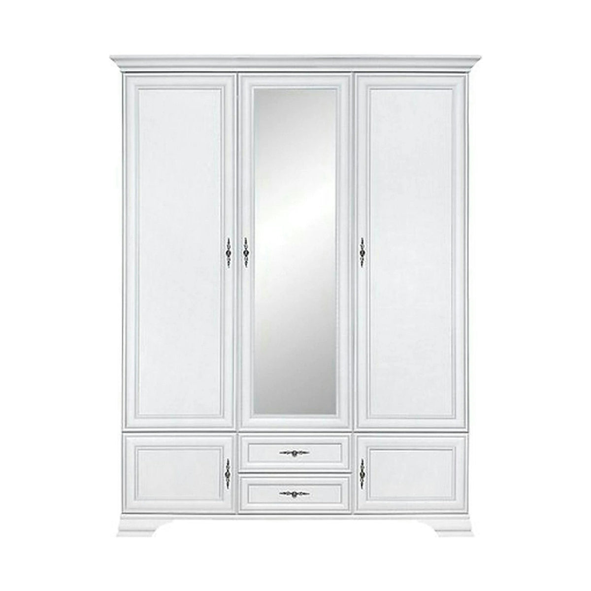 Mobilier dormitor alb IDENTO, cu pat 160x200, dulap cu 5 usi si 2 sertare, noptiere, comoda si oglinda