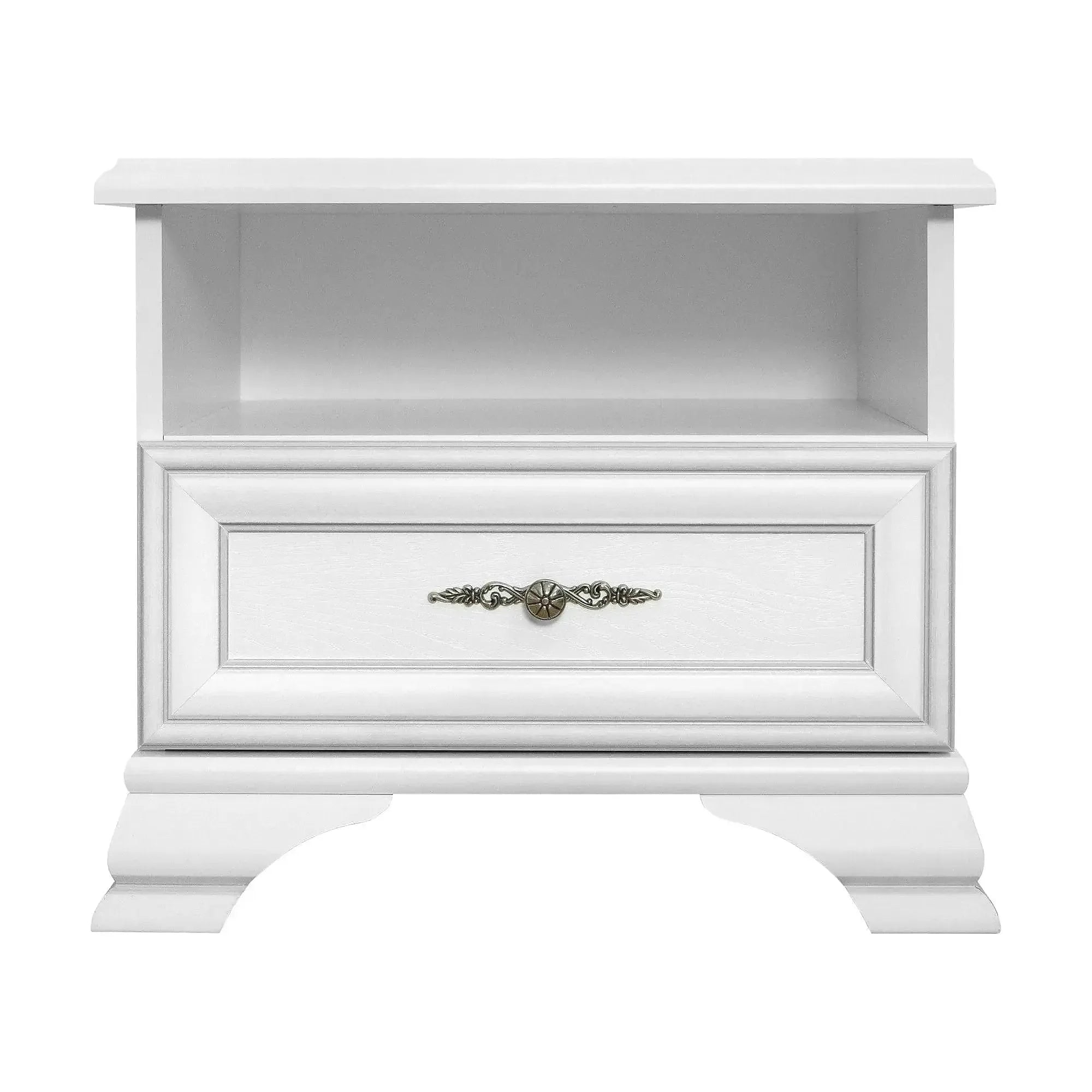 Mobilier dormitor alb IDENTO, cu pat 160x200, dulap cu 5 usi si 2 sertare, noptiere, comoda si oglinda