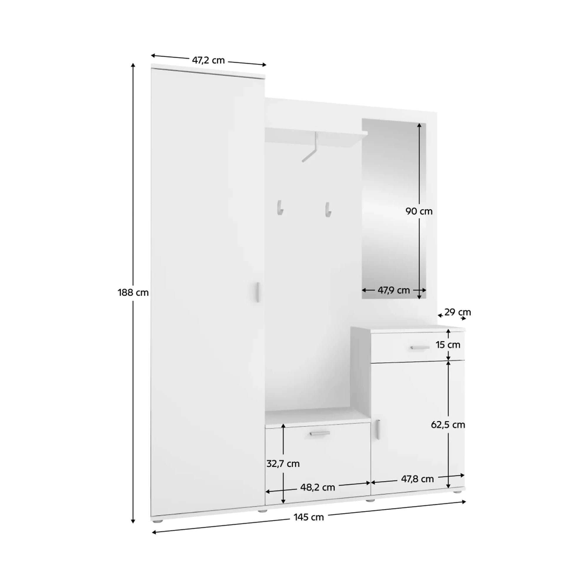 Mobilier hol AMALIA, alb, PAL melaminat, 145x29x188 cm
