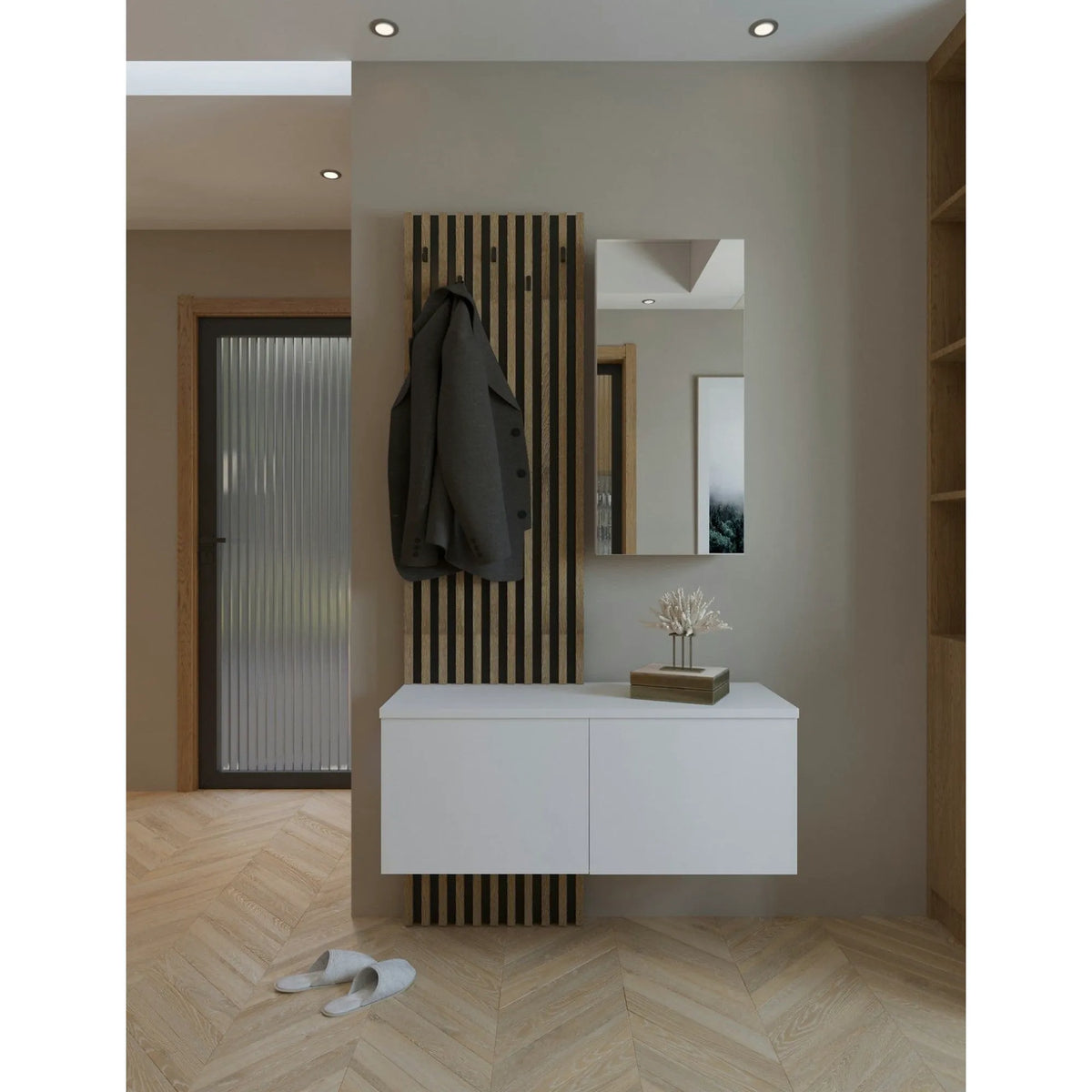 Mobilier hol ARIKA, alb/stejar, PAL, 101x38x200 cm
