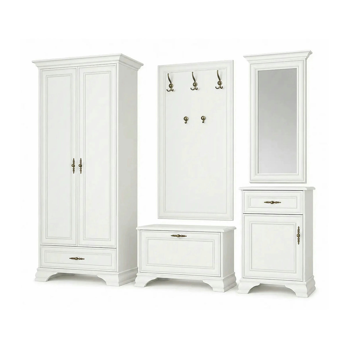Mobilier hol cu oglinda IDENTO 2, alb, PAL melaminat, format din cuier, pantofar, comoda si dulap