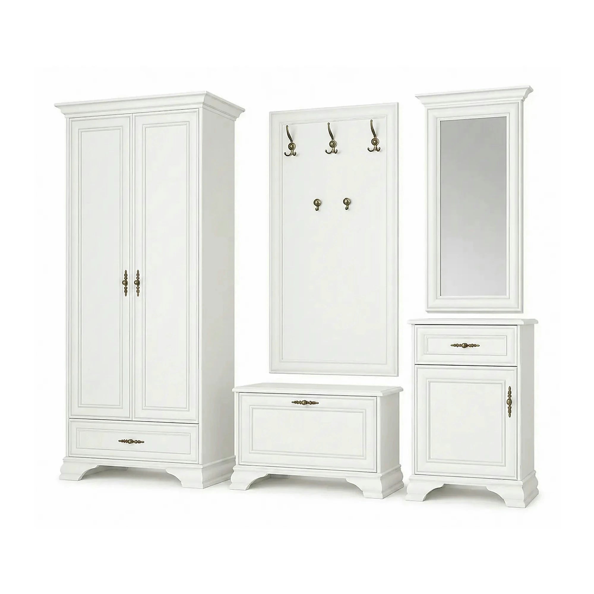 Mobilier hol cu oglinda IDENTO 2, alb, PAL melaminat, format din cuier, pantofar, comoda si dulap