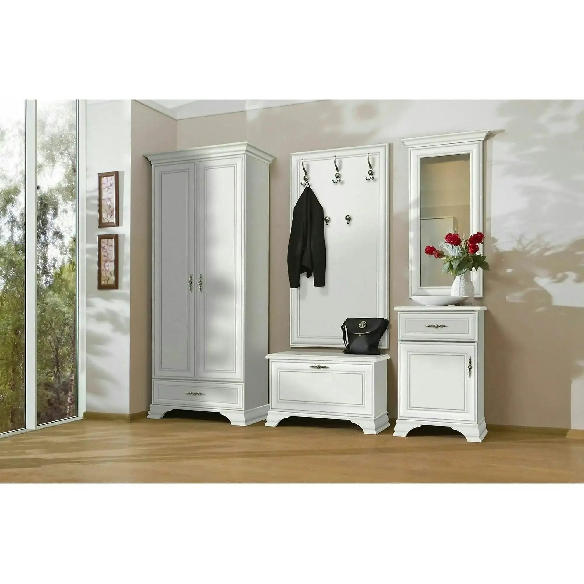 Mobilier hol cu oglinda IDENTO 2, alb, PAL melaminat, format din cuier, pantofar, comoda si dulap