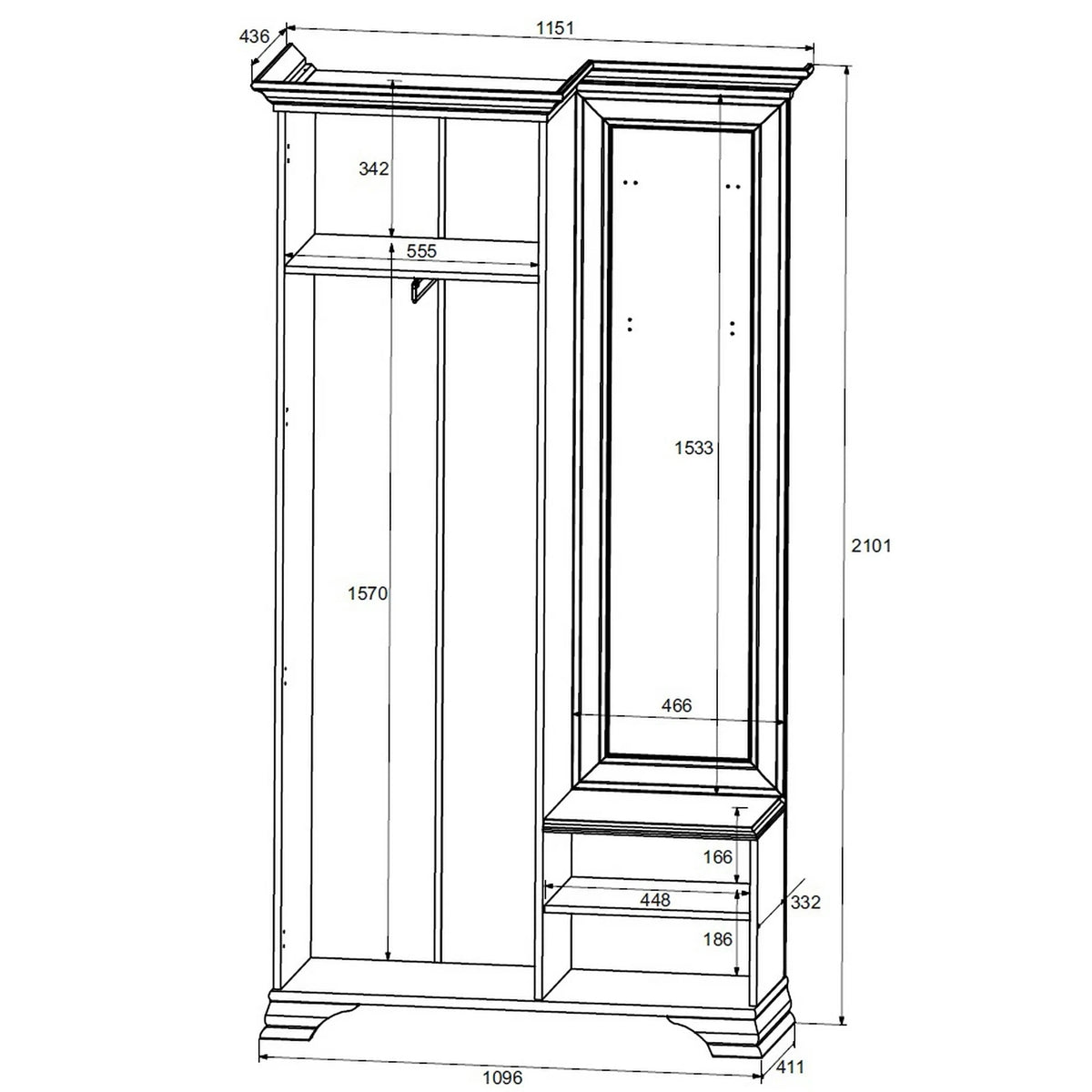 Mobilier hol cu oglinda IDENTO, alb, 115x44x210 cm