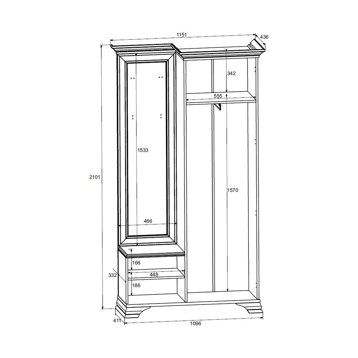 Mobilier hol cu oglinda IDENTO, alb, PAL, 115x44x210 cm