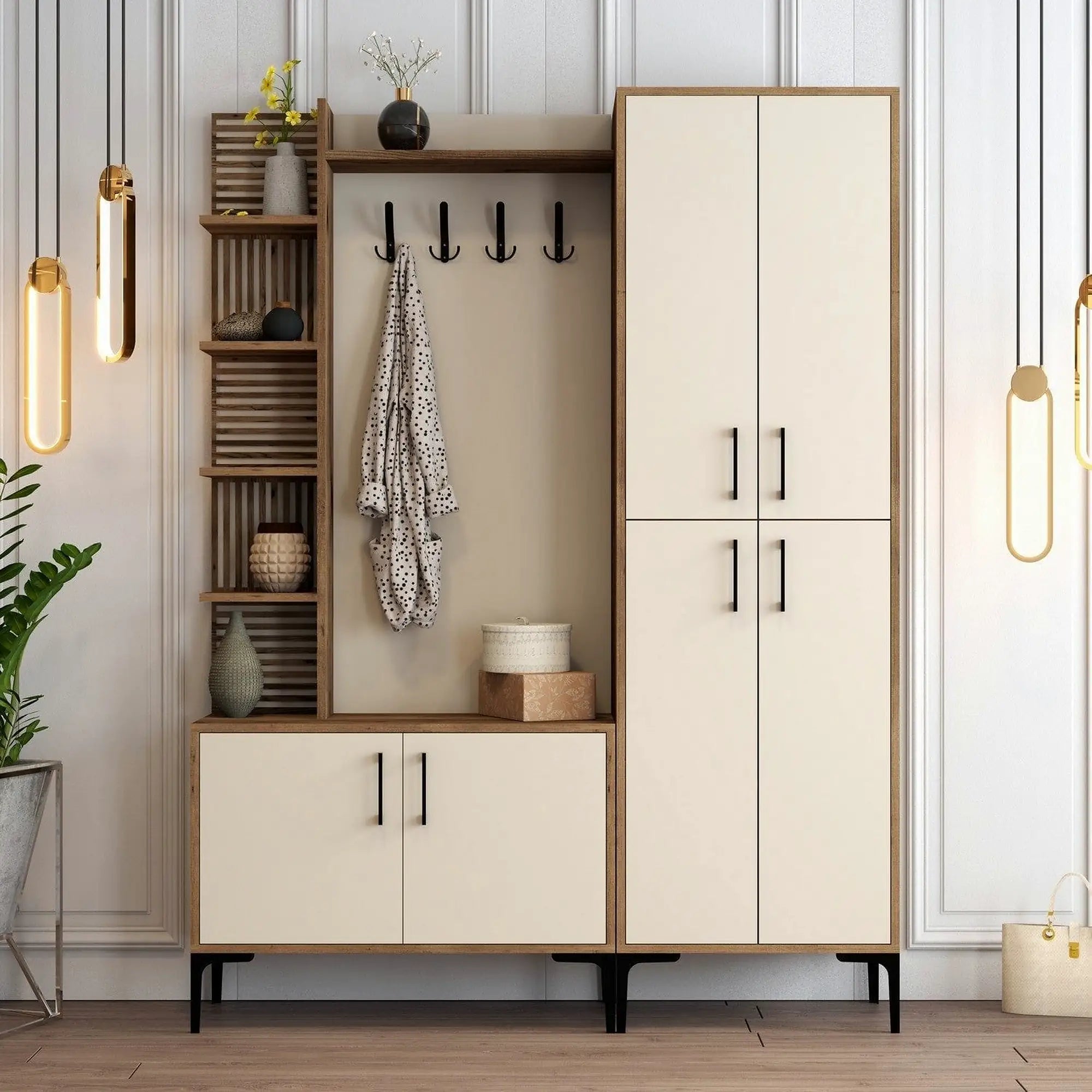 Mobilier hol cu pantofar VIYANA DA, crem/nuc, PAL melaminat/metal, 150x35x200 cm