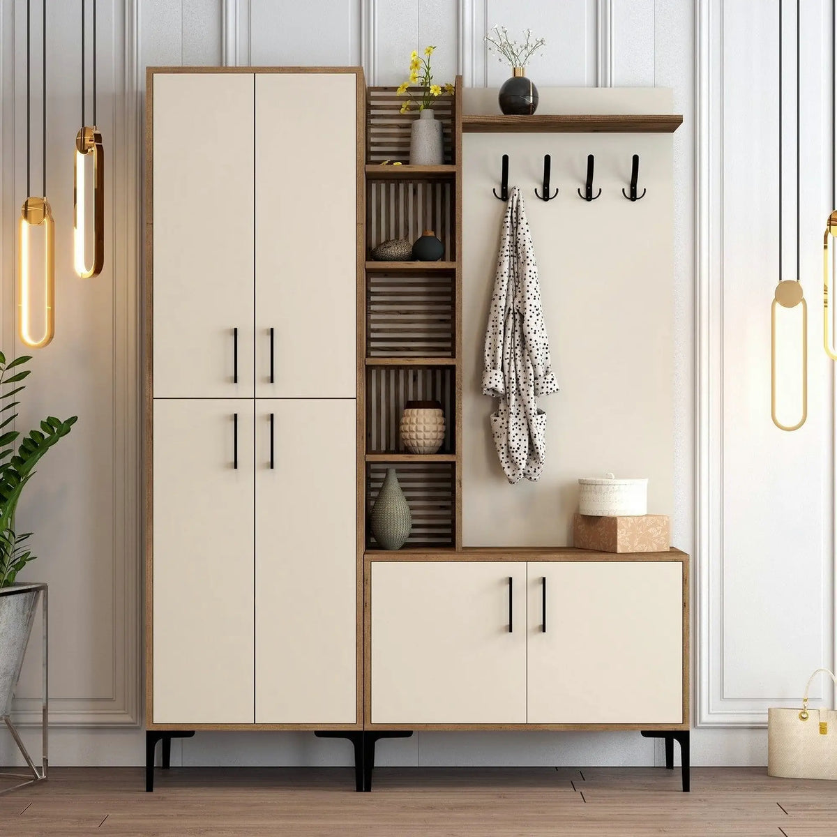 Mobilier hol cu pantofar VIYANA DA, crem/nuc, PAL melaminat/metal, 150x35x200 cm