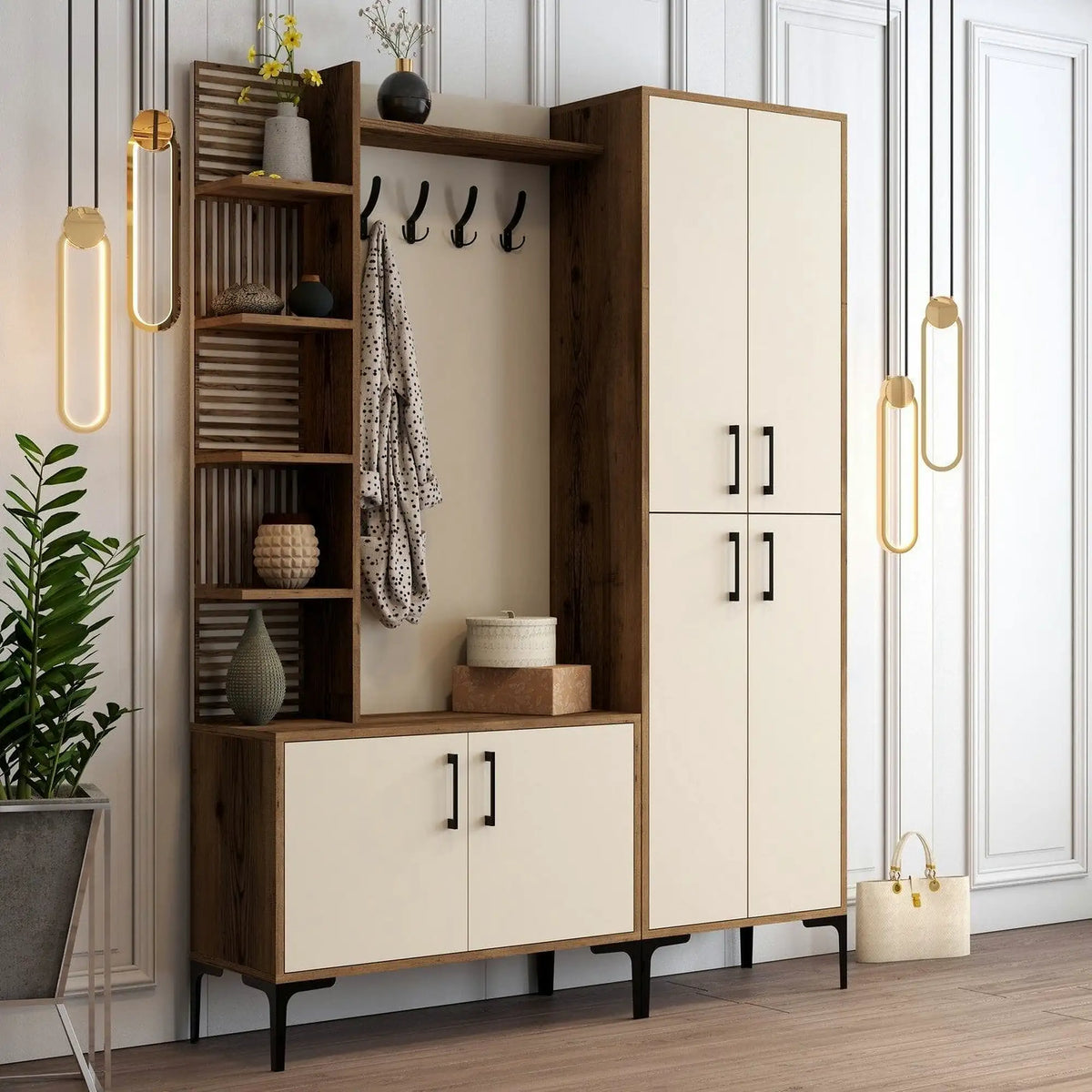 Mobilier hol cu pantofar VIYANA DA, crem/nuc, PAL melaminat/metal, 150x35x200 cm