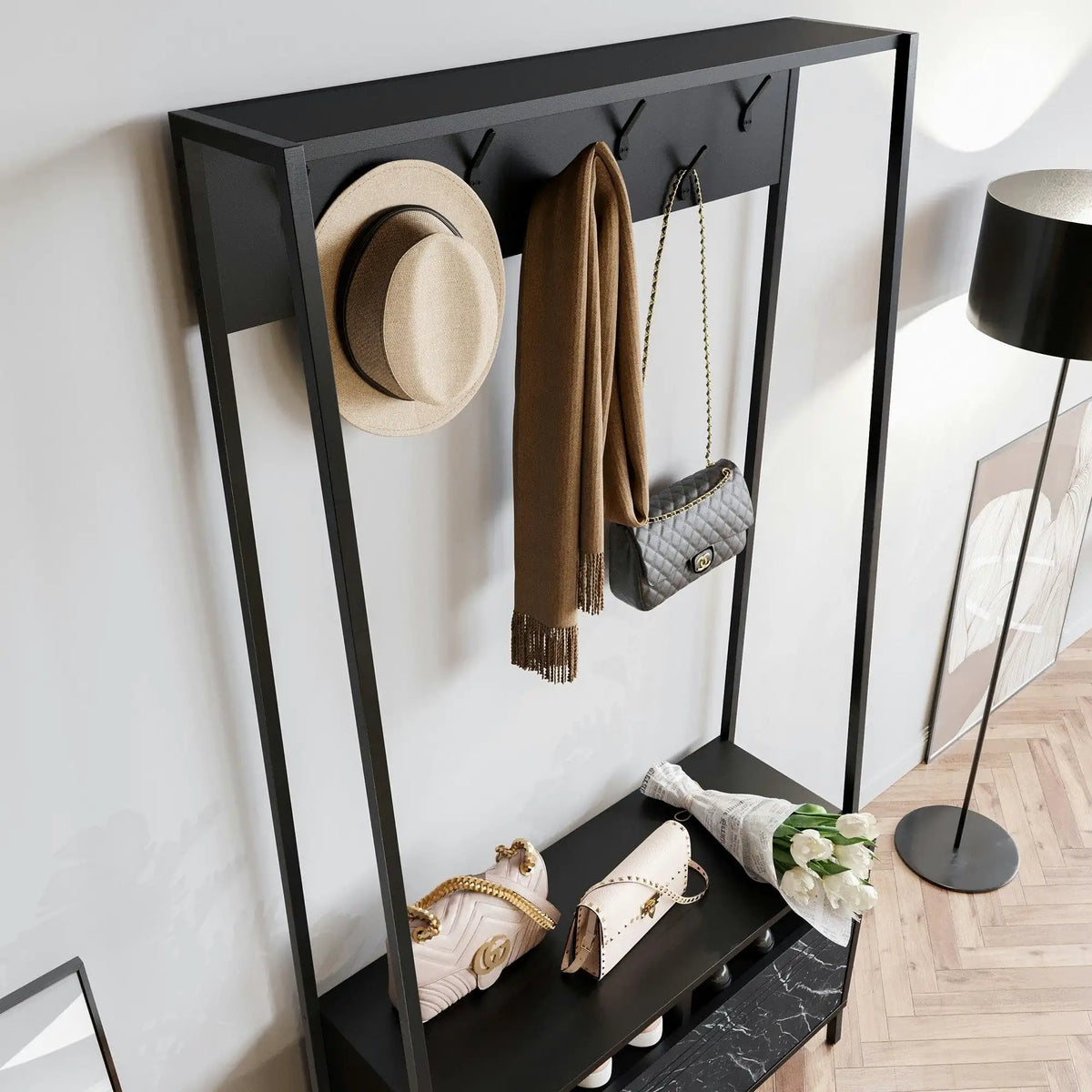 Mobilier hol DEVIN, negru, PAL melaminat/metal, 94x35x180 cm