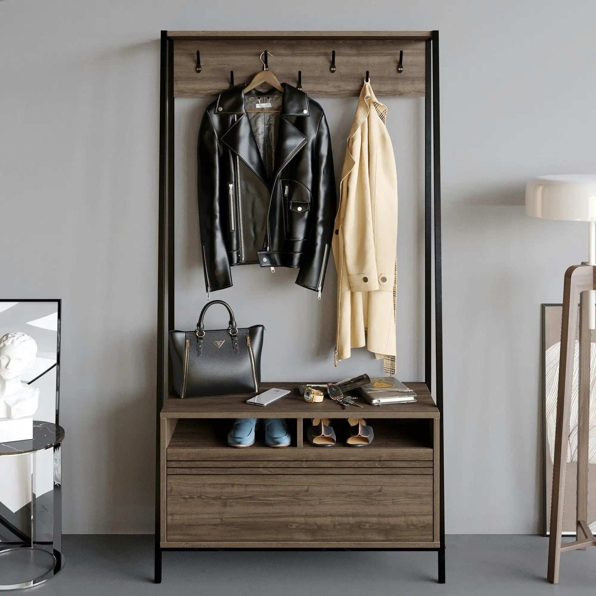 Mobilier hol DEVIN, nuc/negru, PAL melaminat/metal, 94x35x180 cm