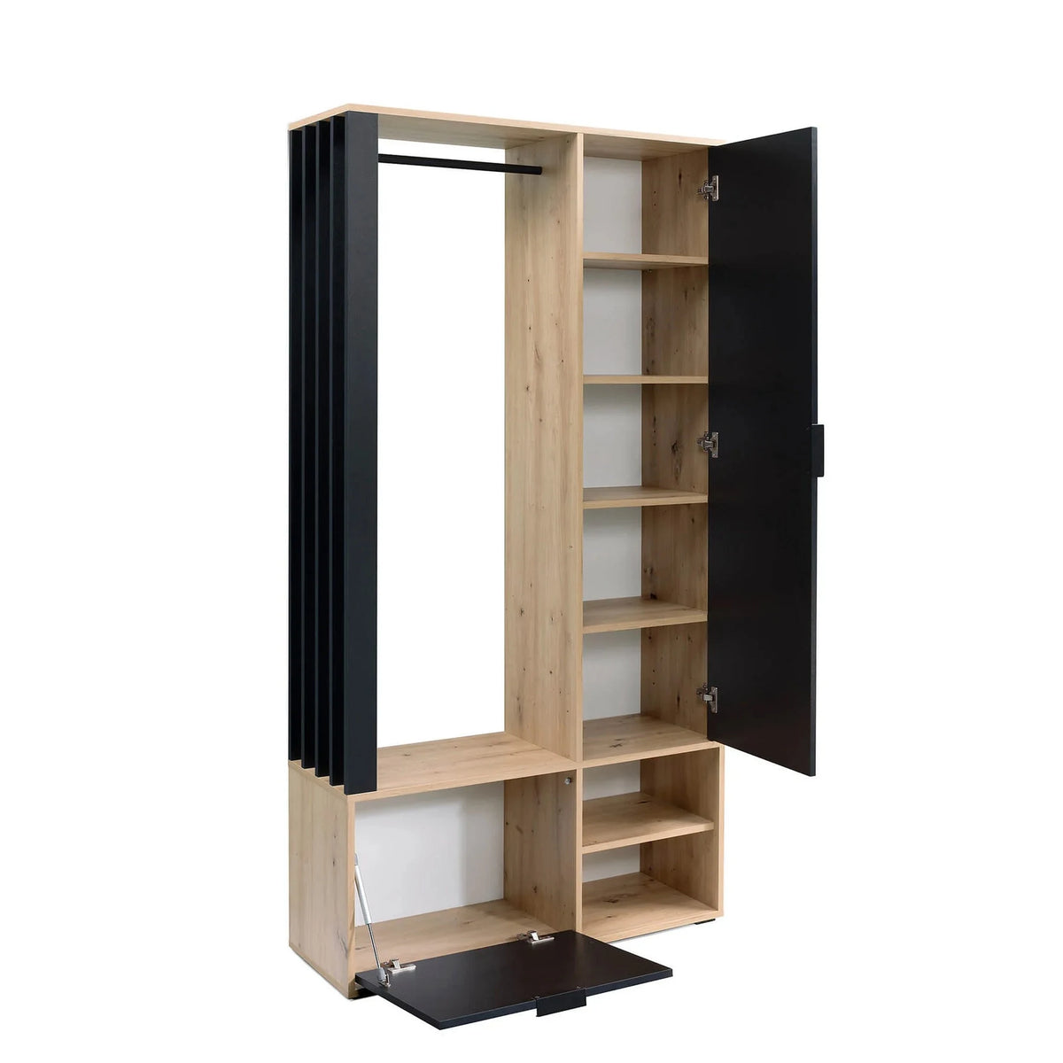 Cuier mobila hol MILO, stejar artisan/negru, PAL laminat/metal, 100x33x189 cm