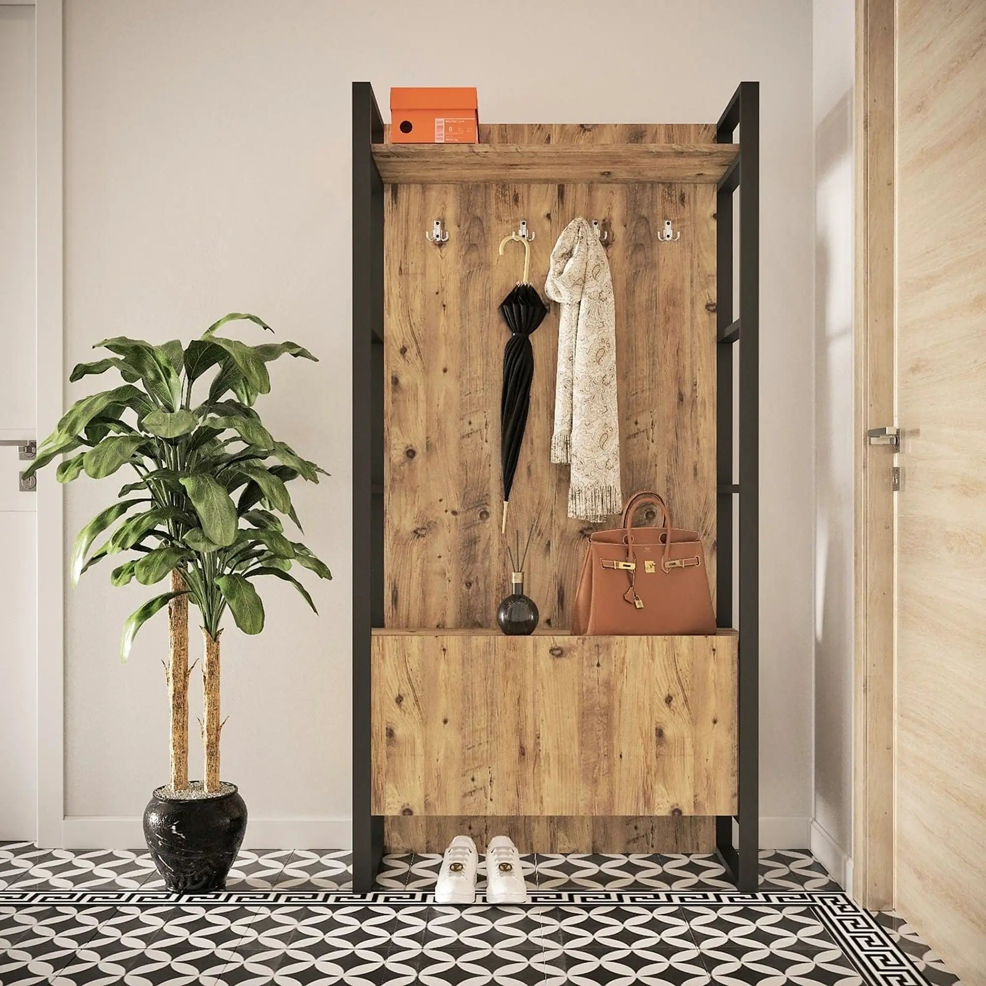 Mobilier hol ML13-A, stejar/negru, PAL melaminat/metal, 90x34x180 cm