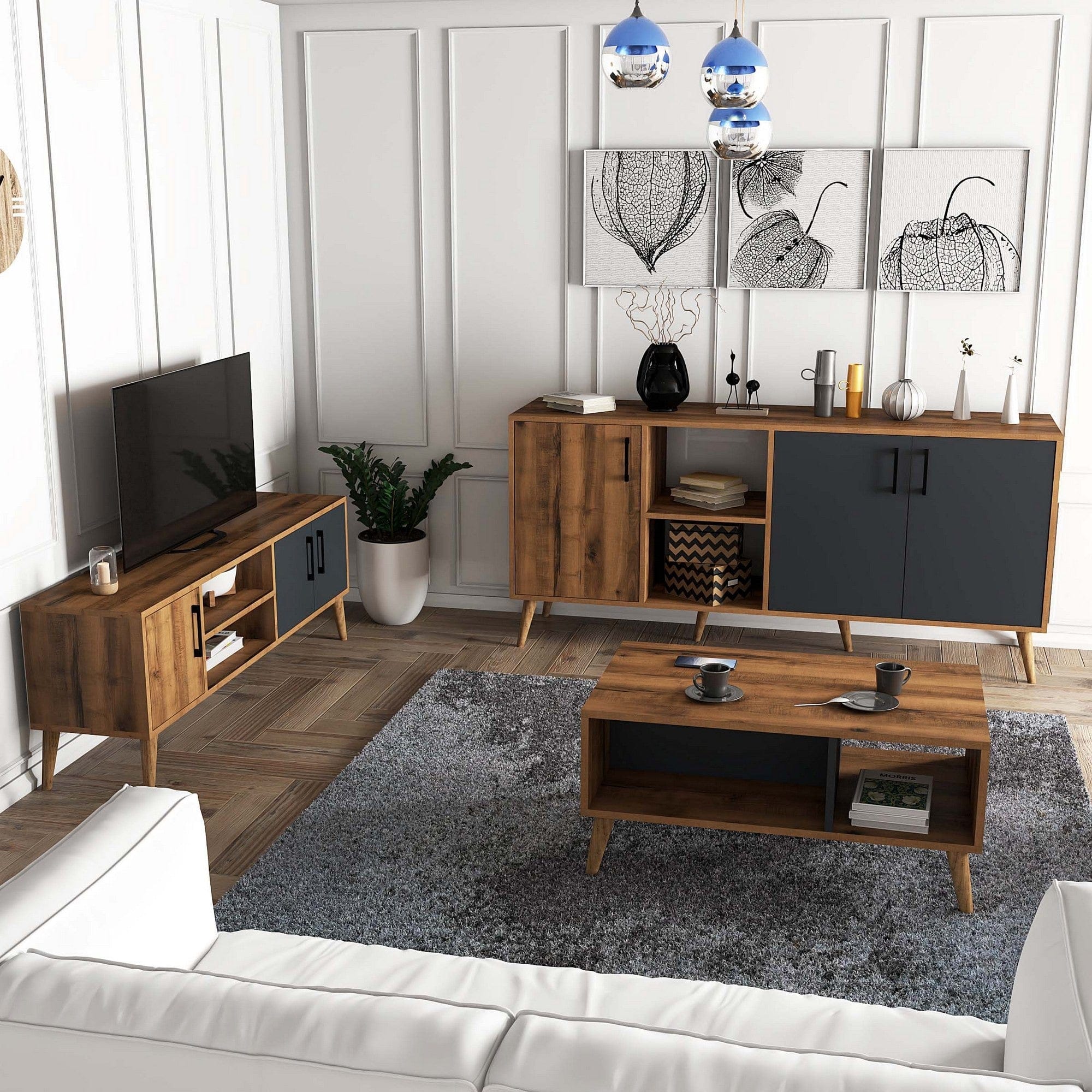 Mobilier living 389MZA2119, nuc/gri antracit, PAL melaminat, 3 piese