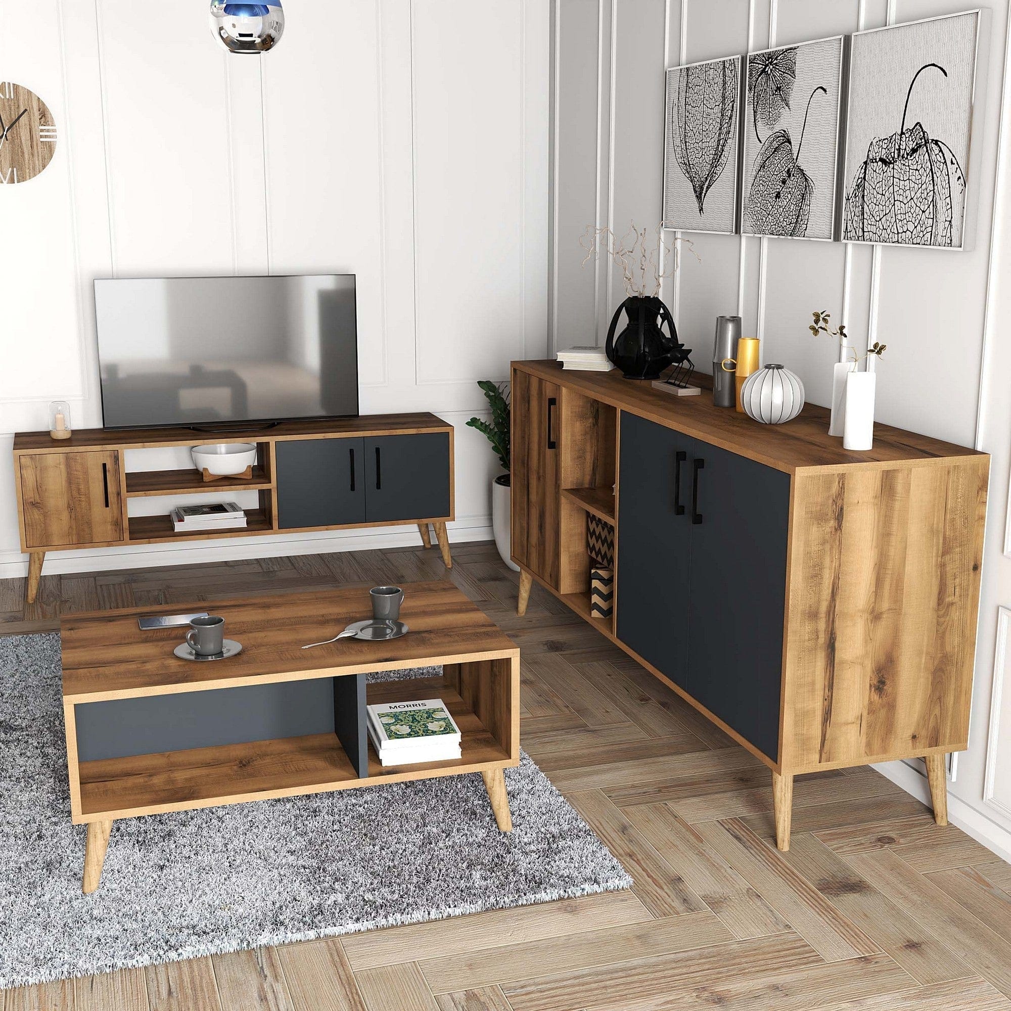 Mobilier living 389MZA2119, nuc/gri antracit, PAL melaminat, 3 piese