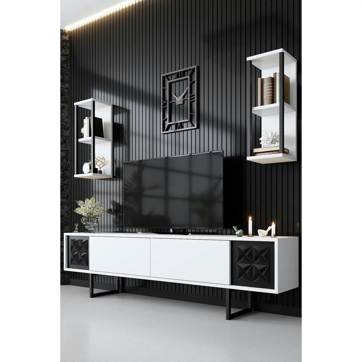 Mobilier living 618BLY1140, alb/negru, PAL melaminat/metal, 3 piese