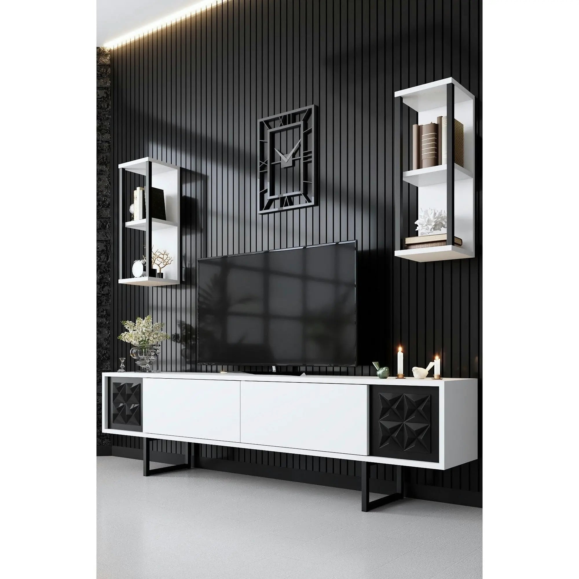 Mobilier living 618BLY1140, alb/negru, PAL melaminat/metal, 3 piese