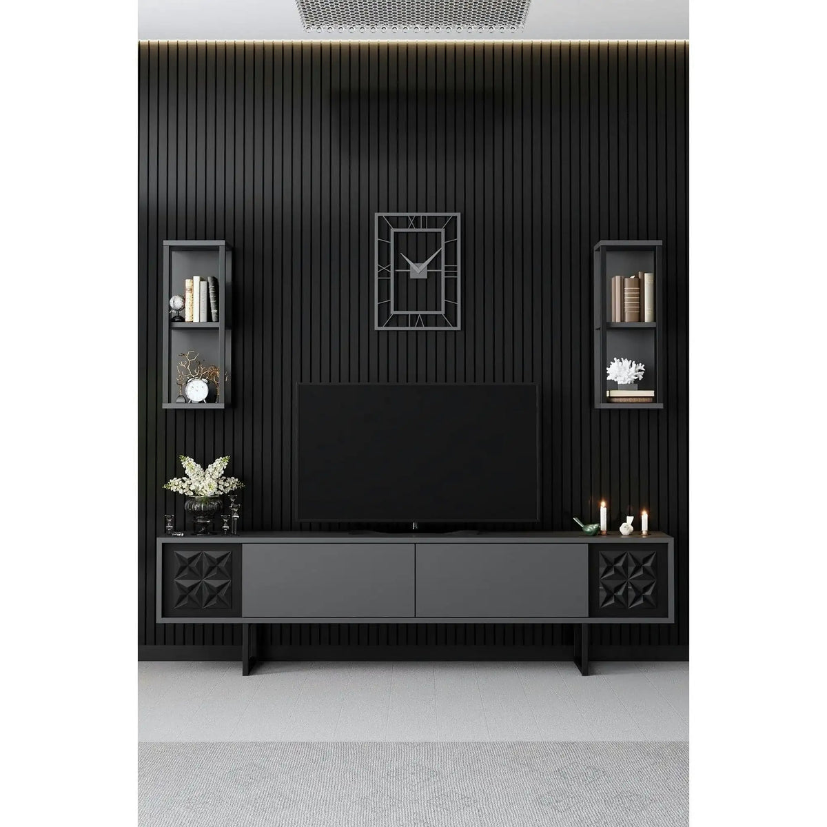 Mobilier living 618BLY1154, gri/negru, PAL melaminat/metal, 4 piese