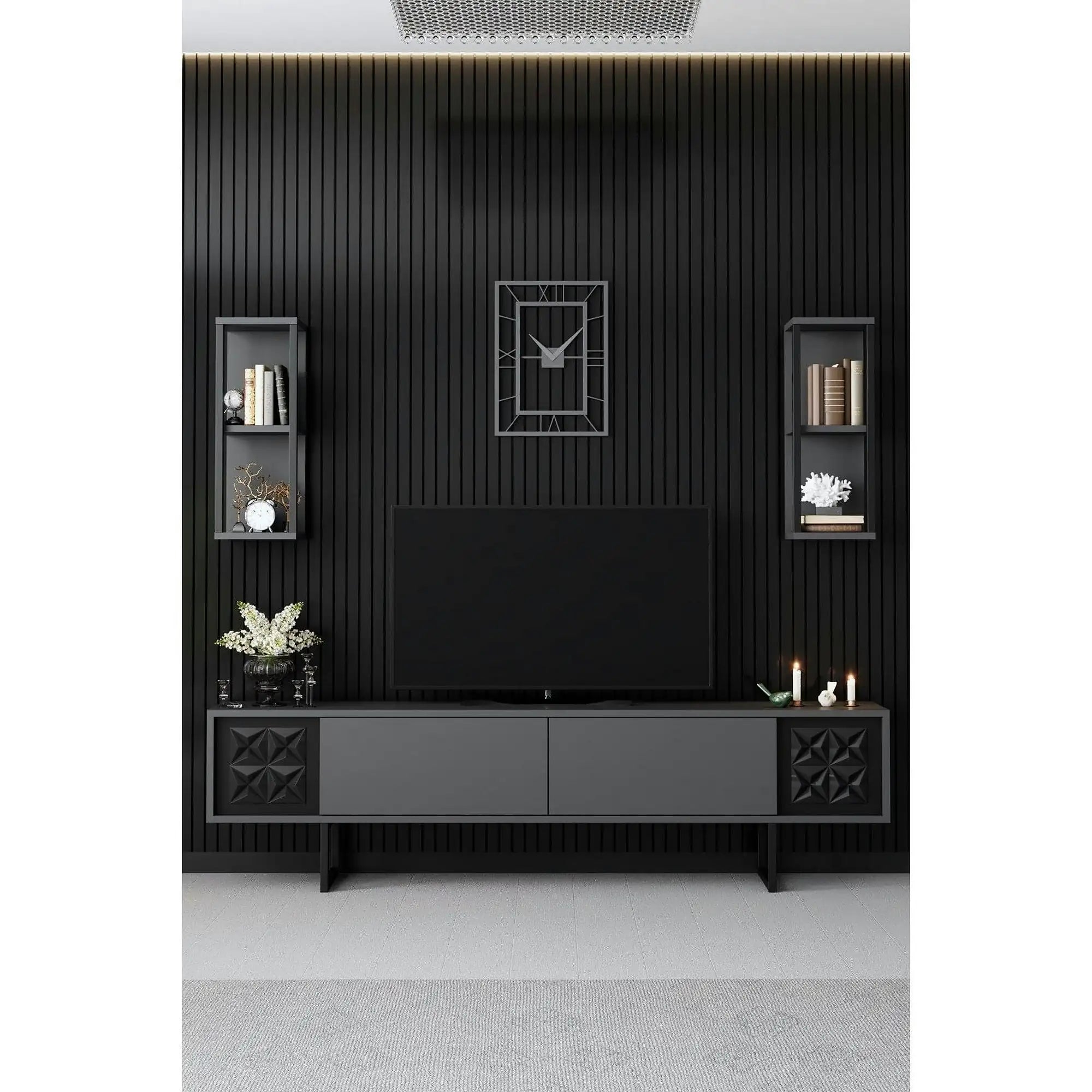 Mobilier living 618BLY1154, gri/negru, PAL melaminat/metal, 4 piese