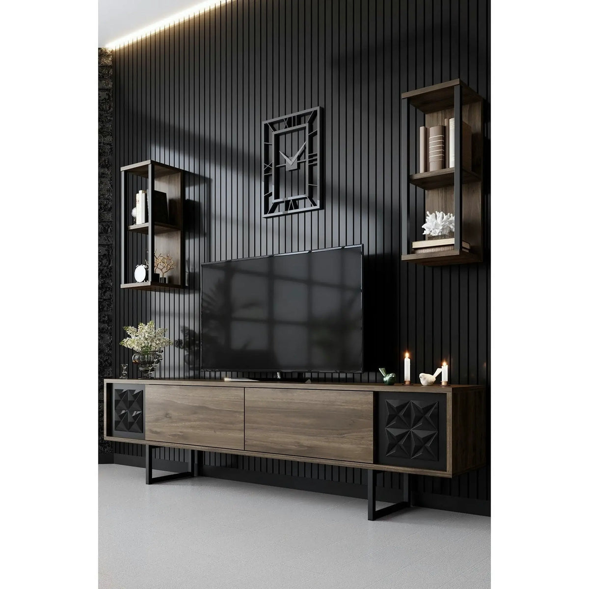 Mobilier living 618BLY1155, stejar inchis/negru, PAL melaminat/negru, 4 piese