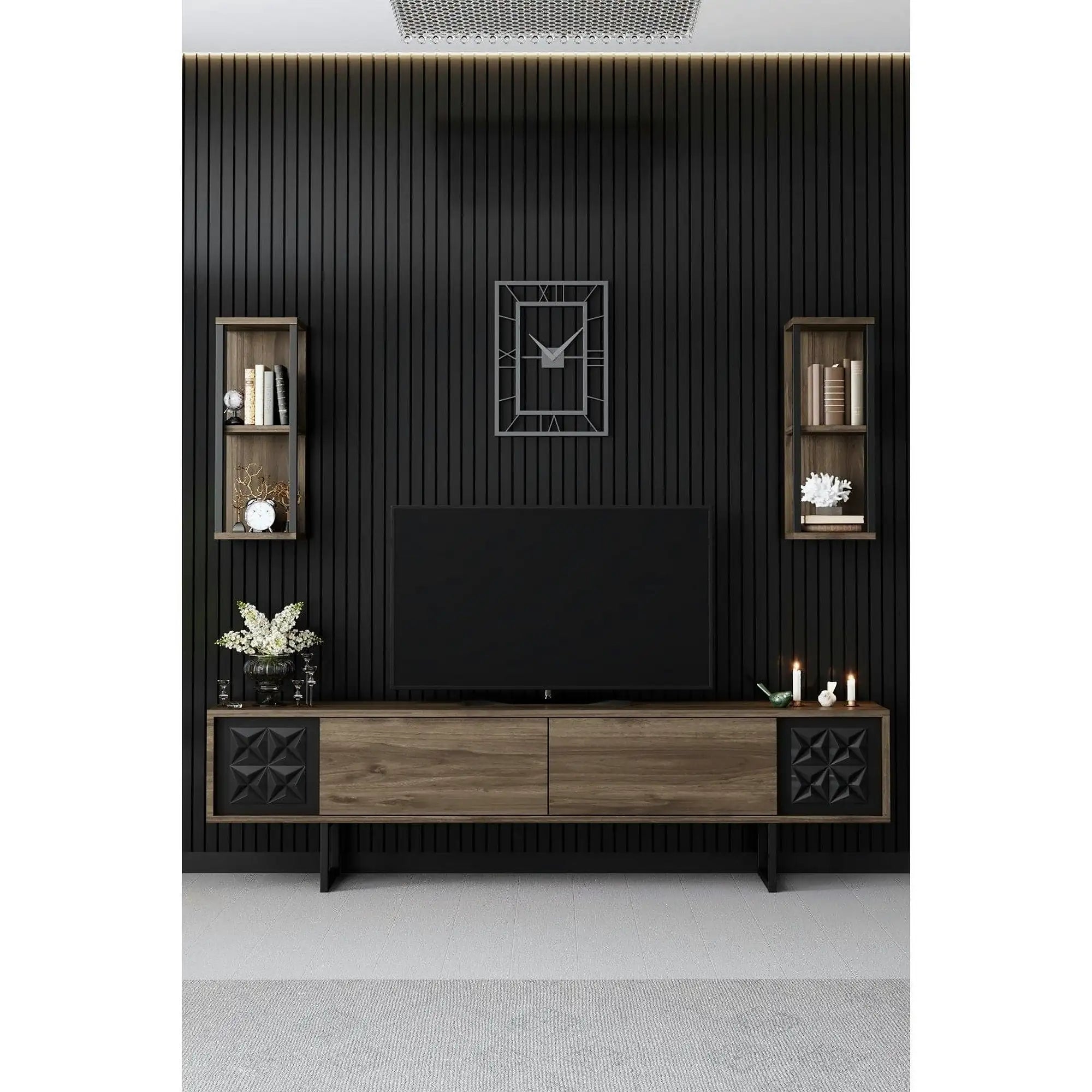 Mobilier living 618BLY1155, stejar inchis/negru, PAL melaminat/negru, 4 piese