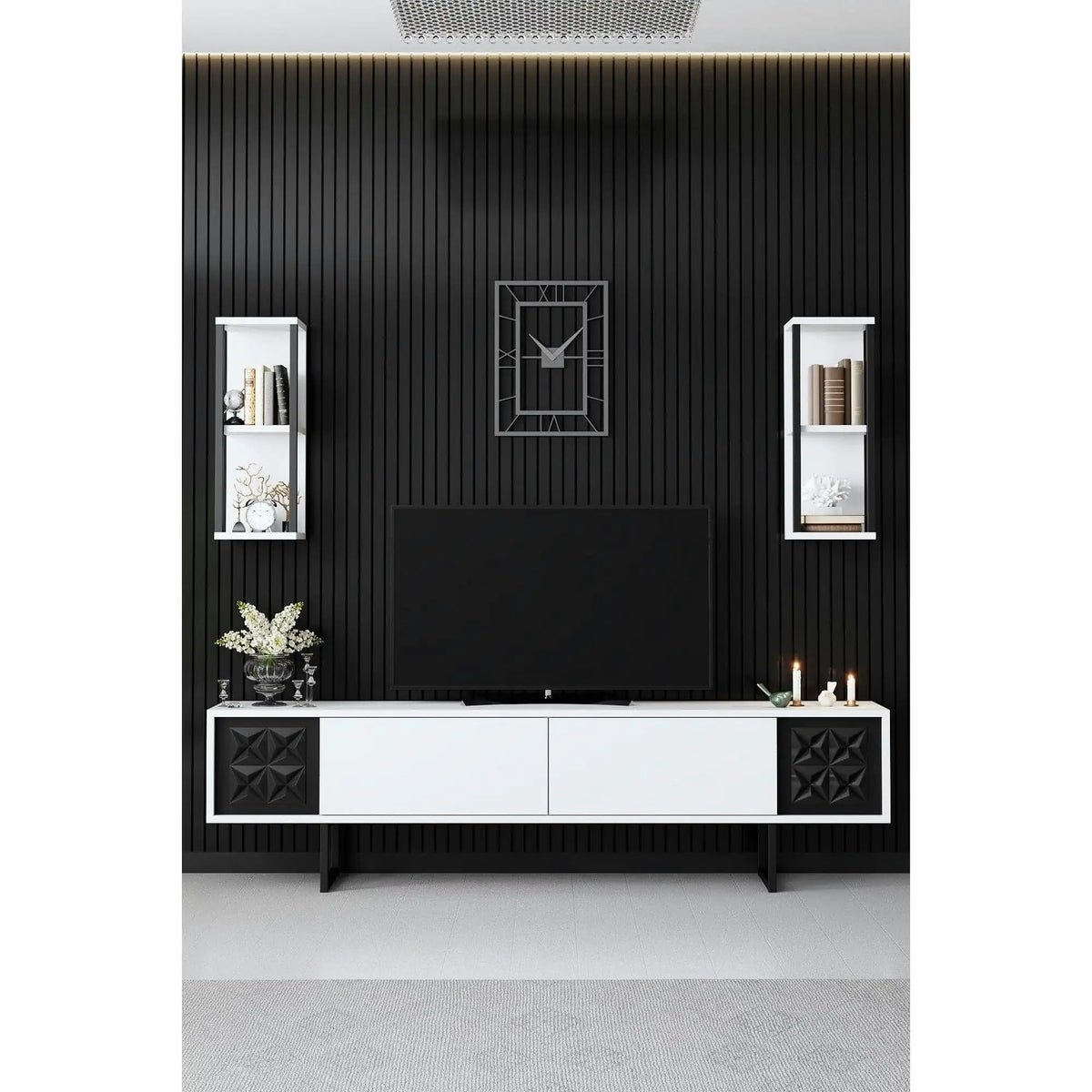 Mobilier living 618BLY1156, alb/negru, PAL melaminat/metal, 4 piese