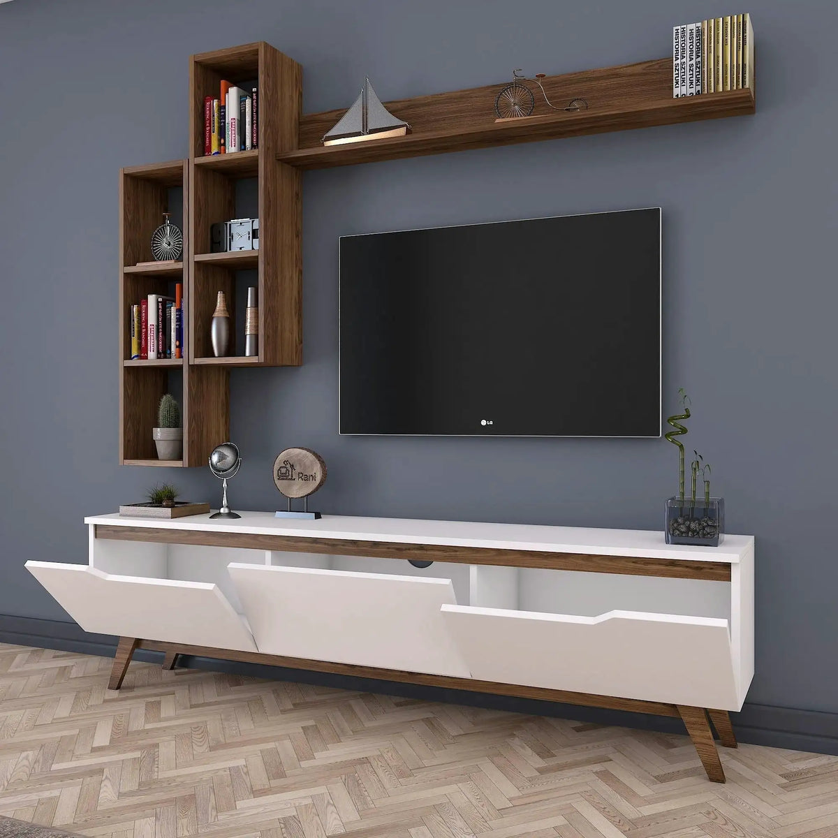 Mobilier living 893RAN1239, alb/nuc, PAL melaminat, 4 piese