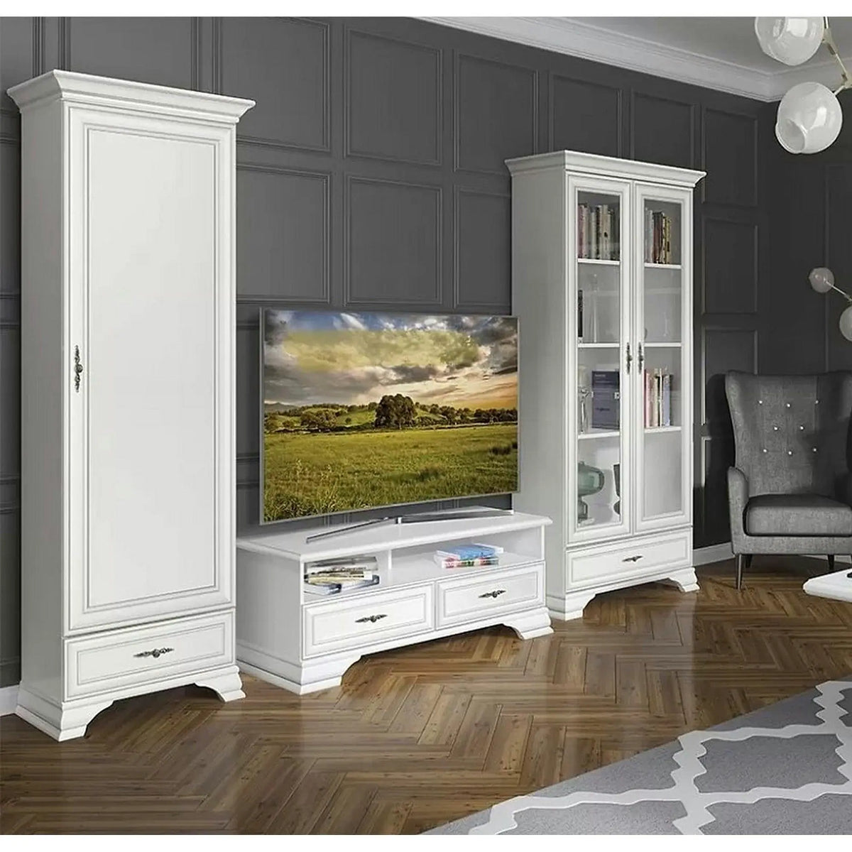 Mobilier living alb clasic IDENTO 4, format din dulap, vitrina si comoda TV