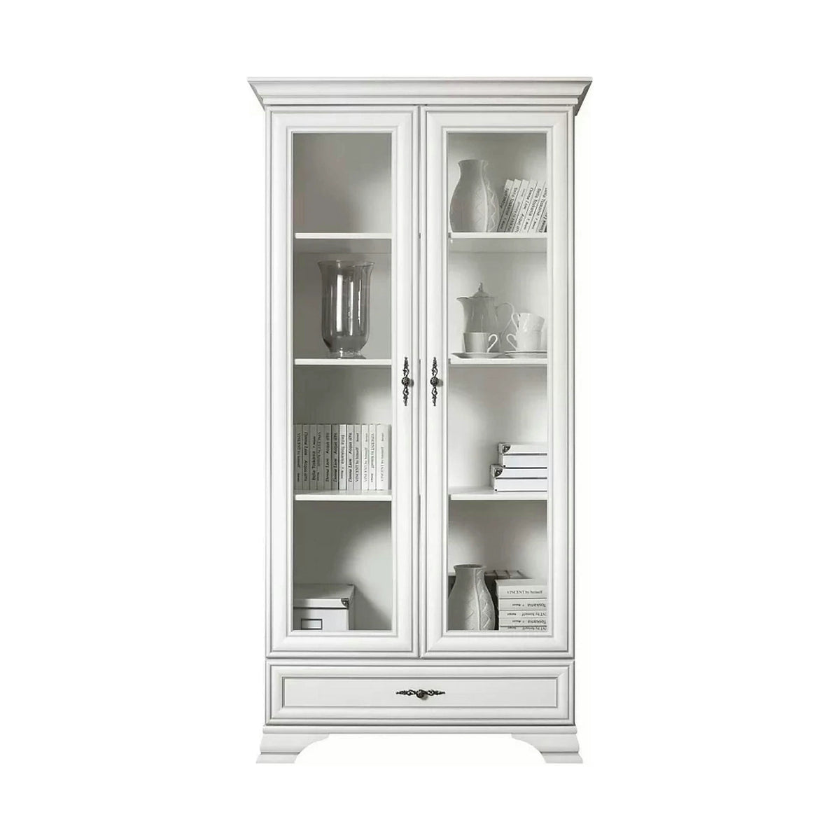 Mobilier living alb clasic IDENTO 4, format din dulap, vitrina si comoda TV