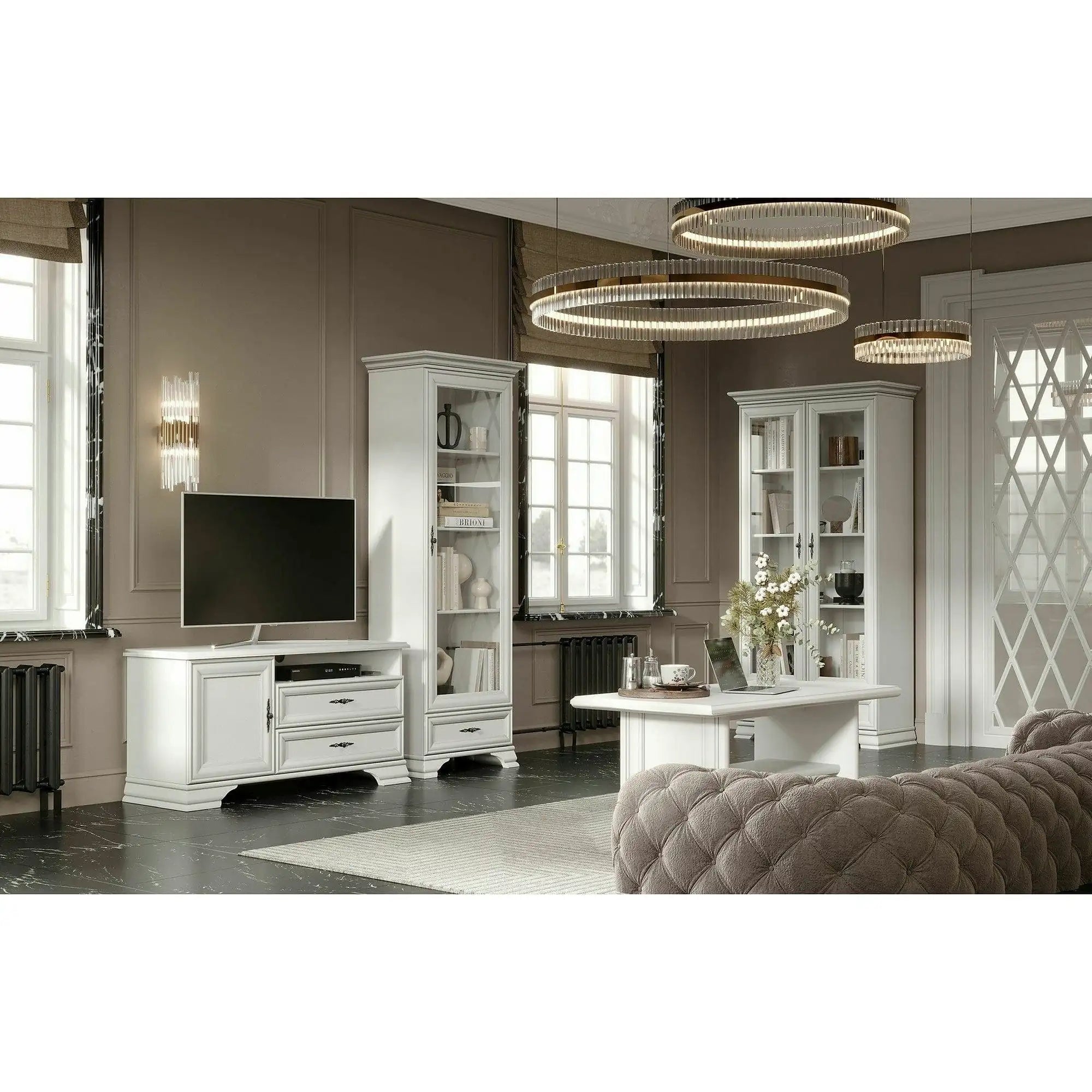 Mobilier living alb clasic IDENTO 5, format din 2 vitrine, masuta cafea si comoda TV