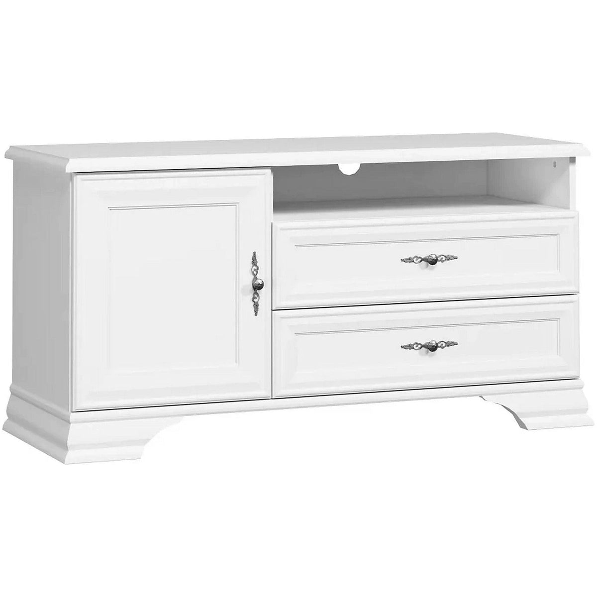Mobilier living alb clasic IDENTO 5, format din 2 vitrine, masuta cafea si comoda TV