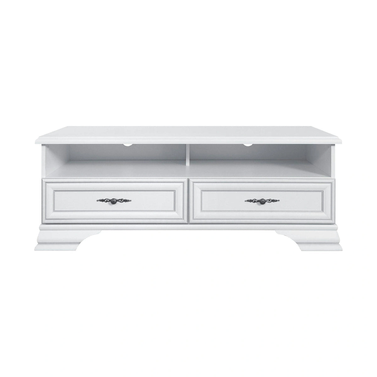 Mobilier living alb clasic IDENTO 6, format din 2 vitrine, masuta cafea si comoda TV