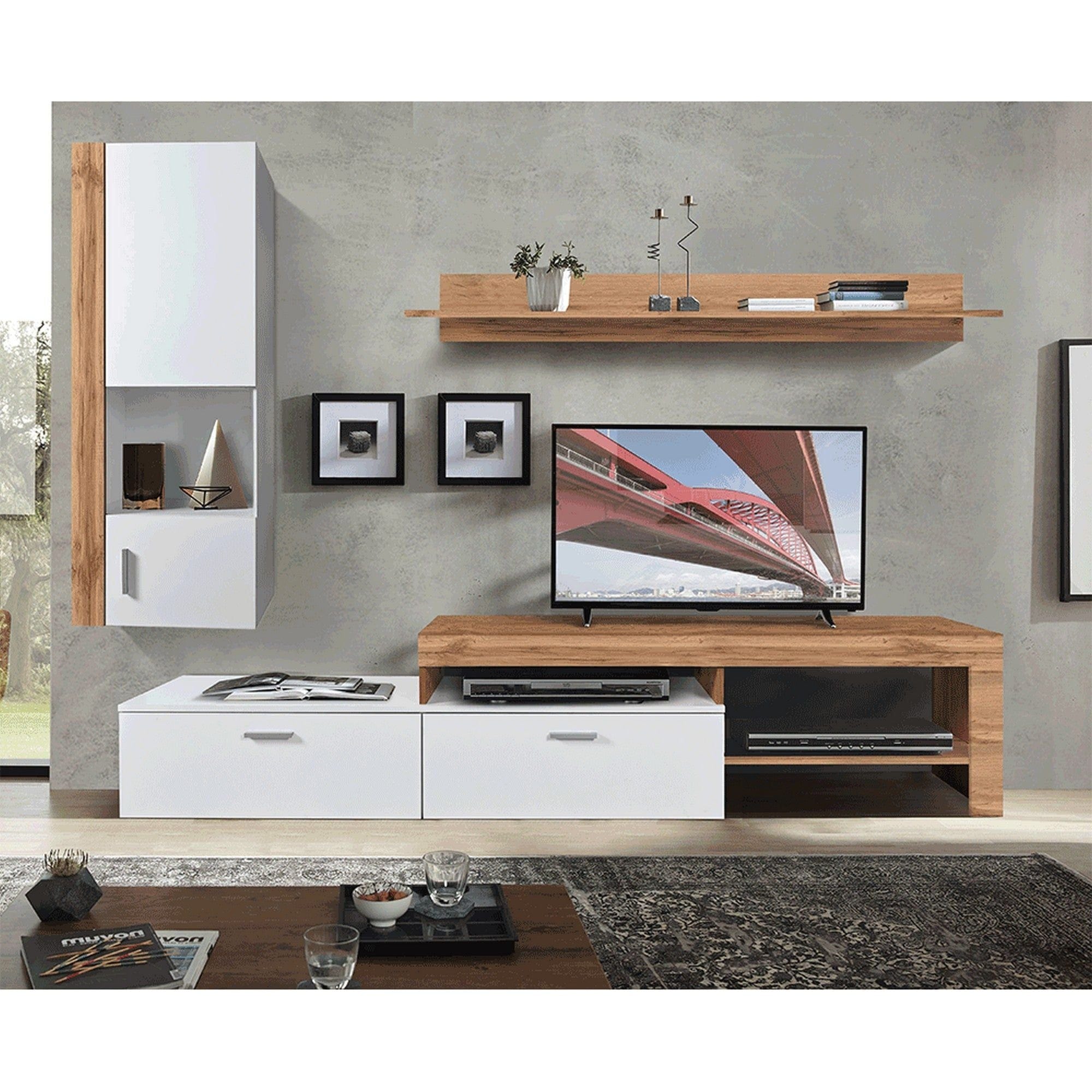 Mobilier living ALUBA, stejar wotan/alb, PAL laminat, 4 piese, 240x40x190 cm