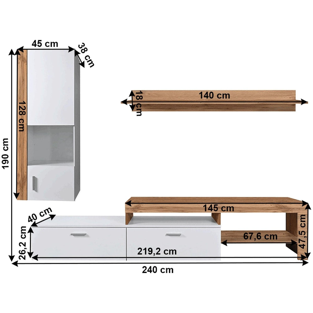 Mobilier living ALUBA, stejar wotan/alb, PAL laminat, 4 piese, 240x40x190 cm
