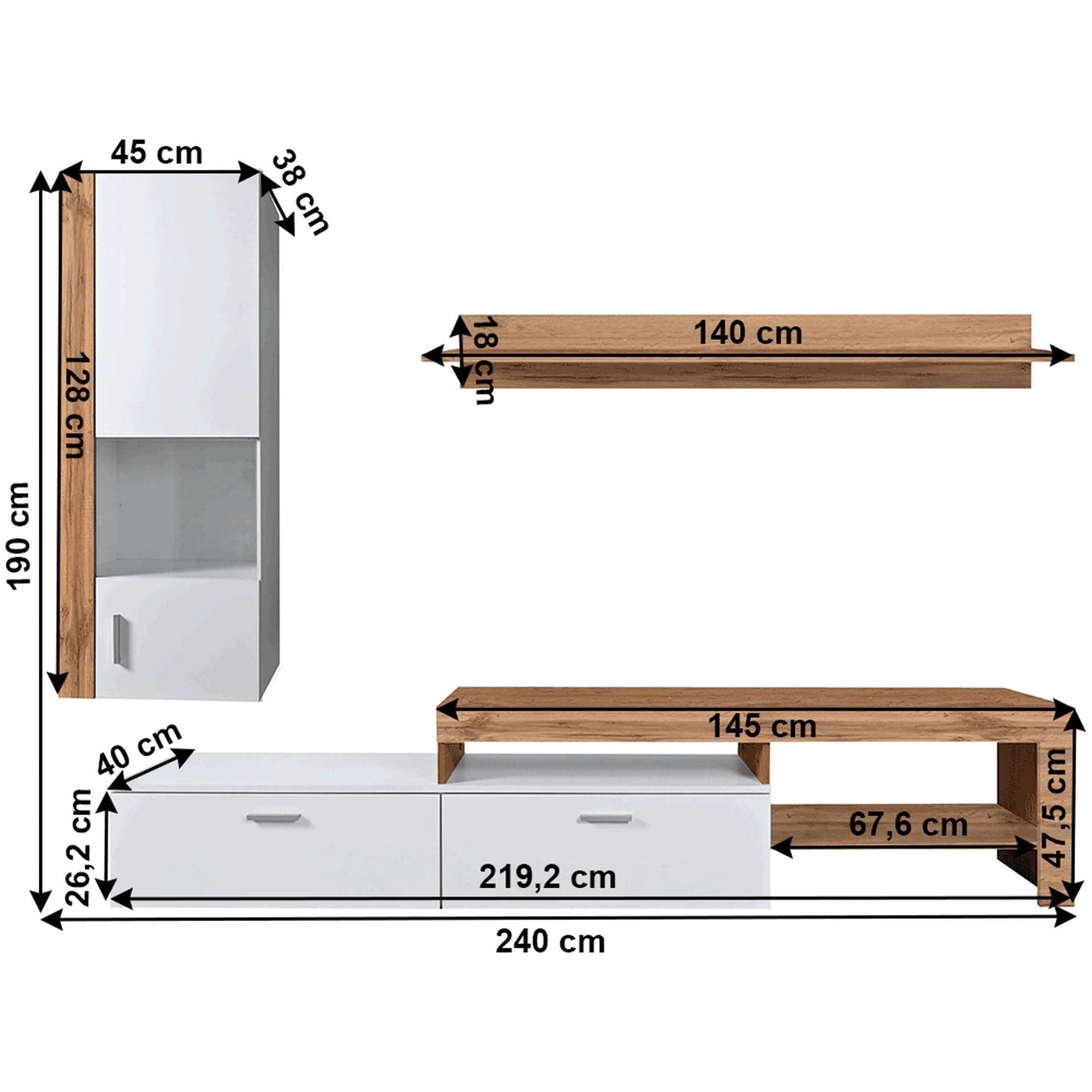 Mobilier living ALUBA, stejar wotan/alb, PAL laminat, 4 piese, 240x40x190 cm