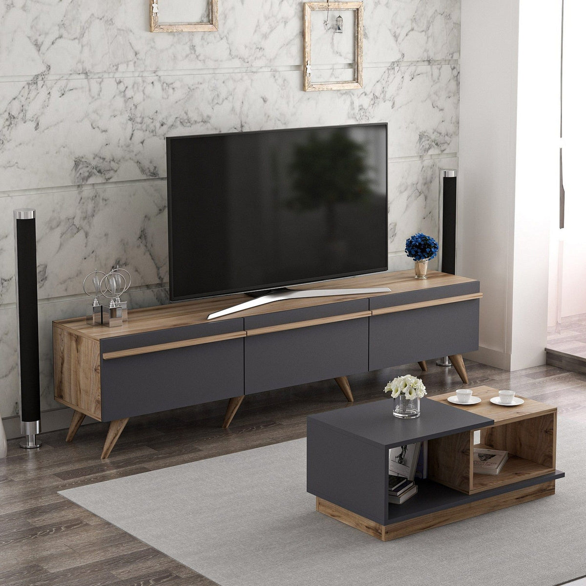 Mobilier living AMSTERDAM, nuc/gri antracit, PAL melaminat, 2 piese