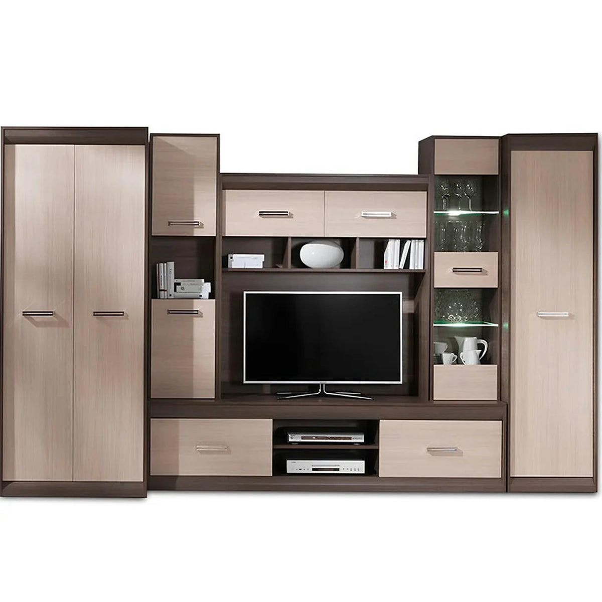 Mobilier living apartament KORINA, stejar deschis/stejar inchis, PAL melaminat, cu iluminare LED, 6 piese, 330x200x54 cm