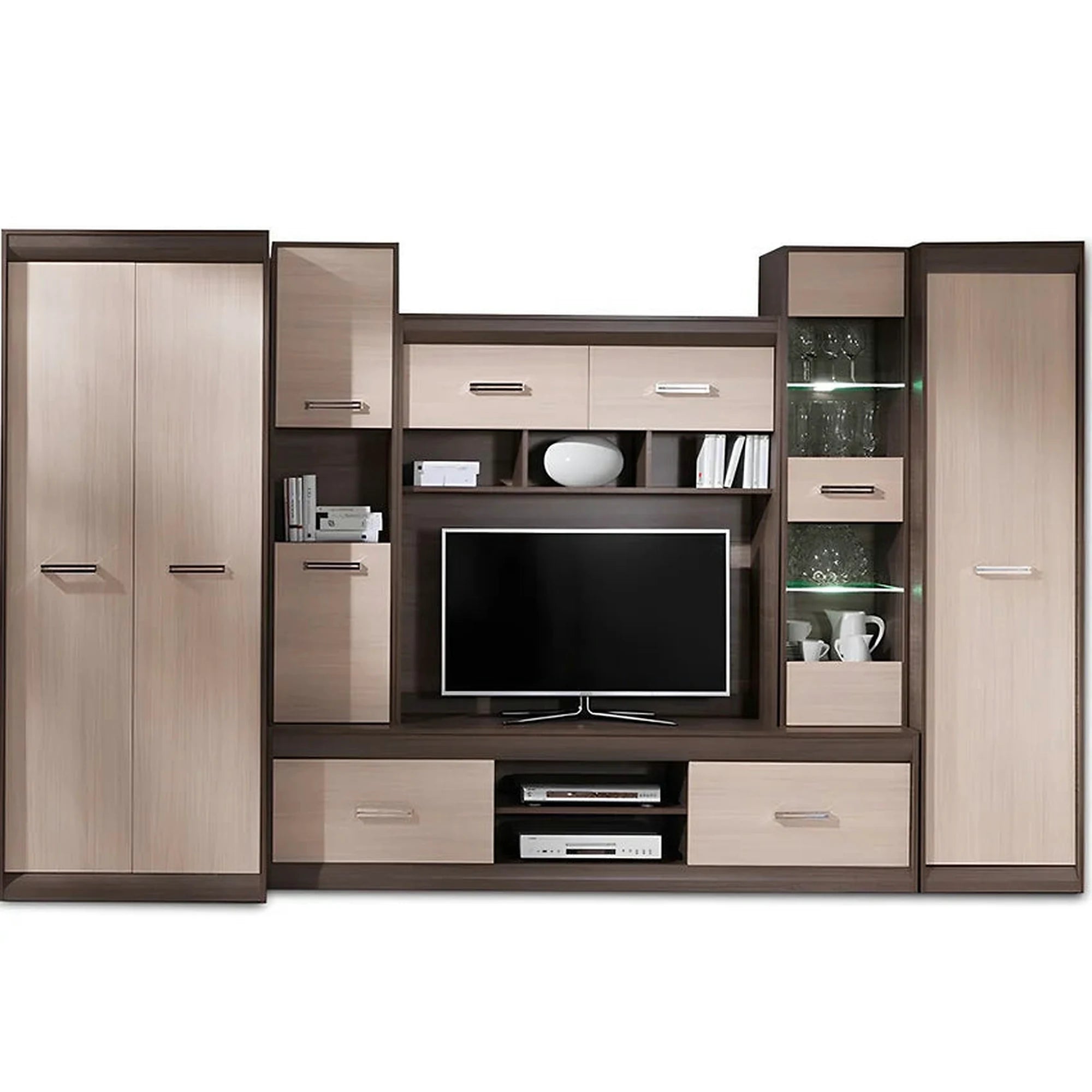 Mobilier living apartament KORINA, stejar deschis/stejar inchis, PAL melaminat, cu iluminare LED, 6 piese, 330x200x54 cm