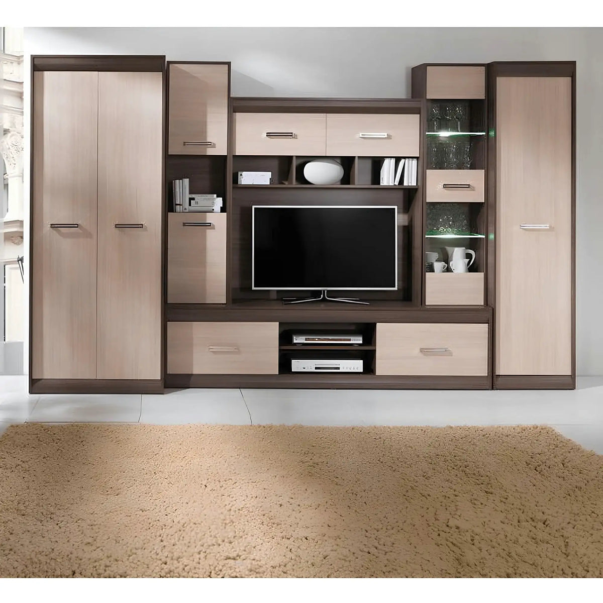 Mobilier living apartament KORINA, stejar deschis/stejar inchis, PAL melaminat, cu iluminare LED, 6 piese, 330x200x54 cm