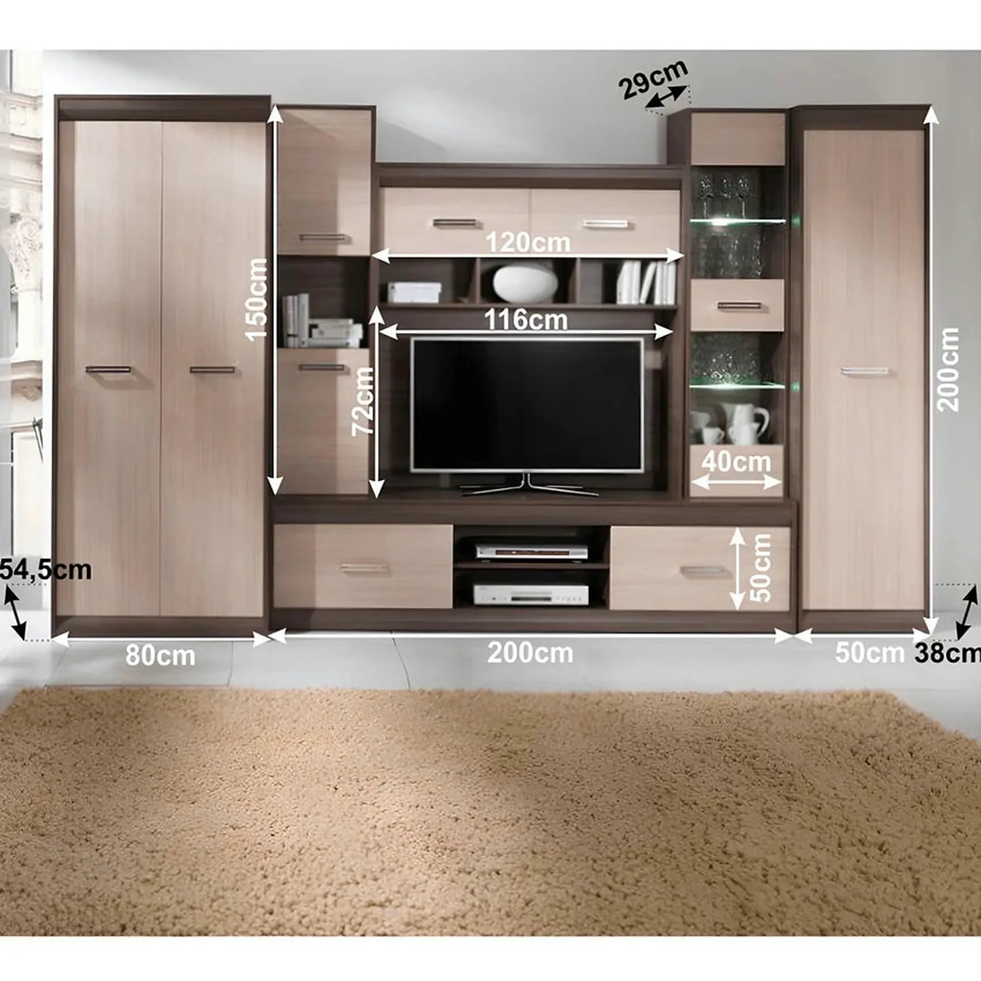 Mobilier living apartament KORINA, stejar deschis/stejar inchis, PAL melaminat, cu iluminare LED, 6 piese, 330x200x54 cm