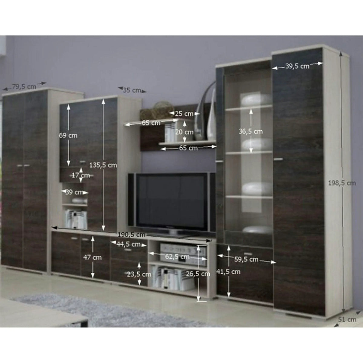 Mobilier living ARS, wenge/stejar deschis, PAL laminat/sticla, 6 piese, 370x51x199 cm