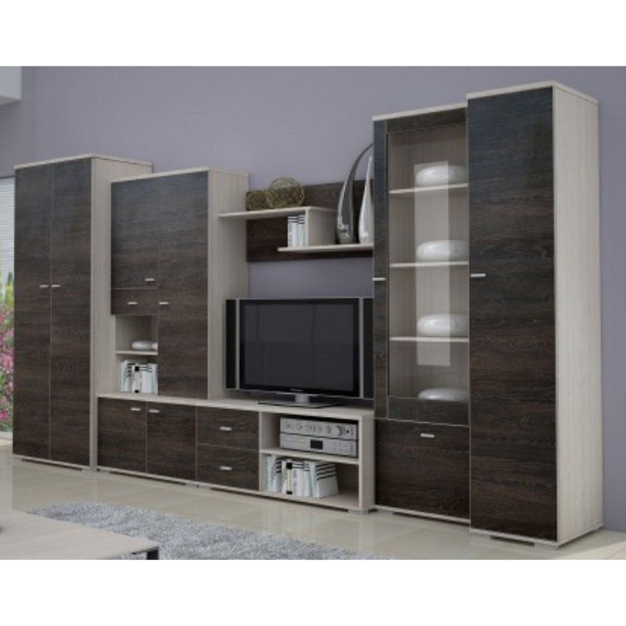 Mobilier living ARS, wenge/stejar deschis, PAL laminat/sticla, 6 piese, 370x51x199 cm