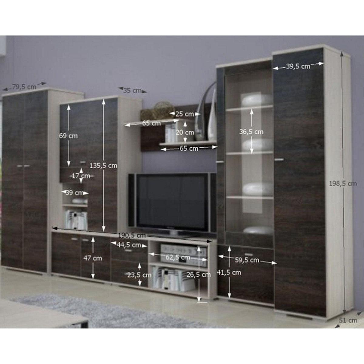 Mobilier living ARS, wenge/stejar deschis, PAL laminat/sticla, 6 piese, 370x51x199 cm