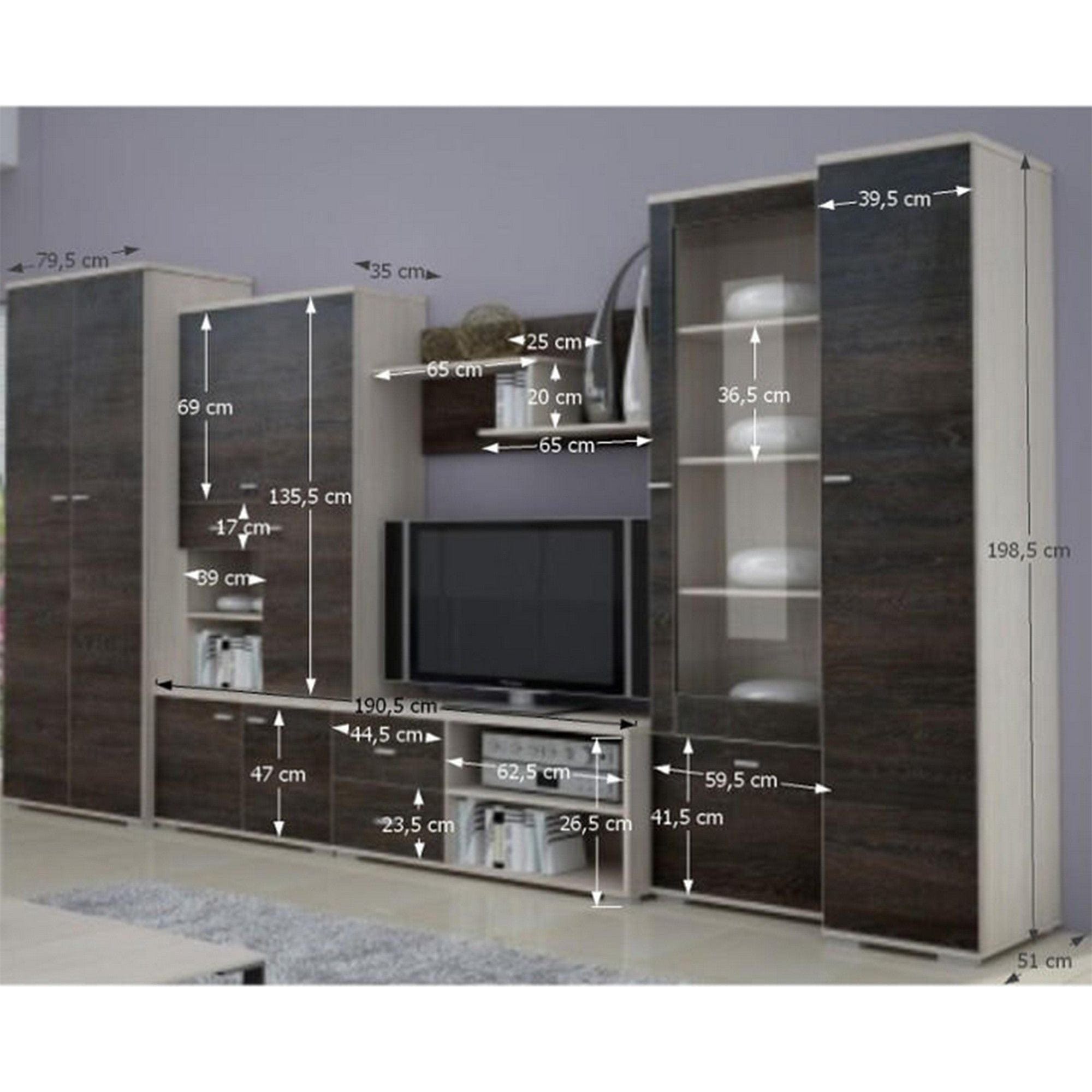 Mobilier living ARS, wenge/stejar deschis, PAL laminat/sticla, 6 piese, 370x51x199 cm