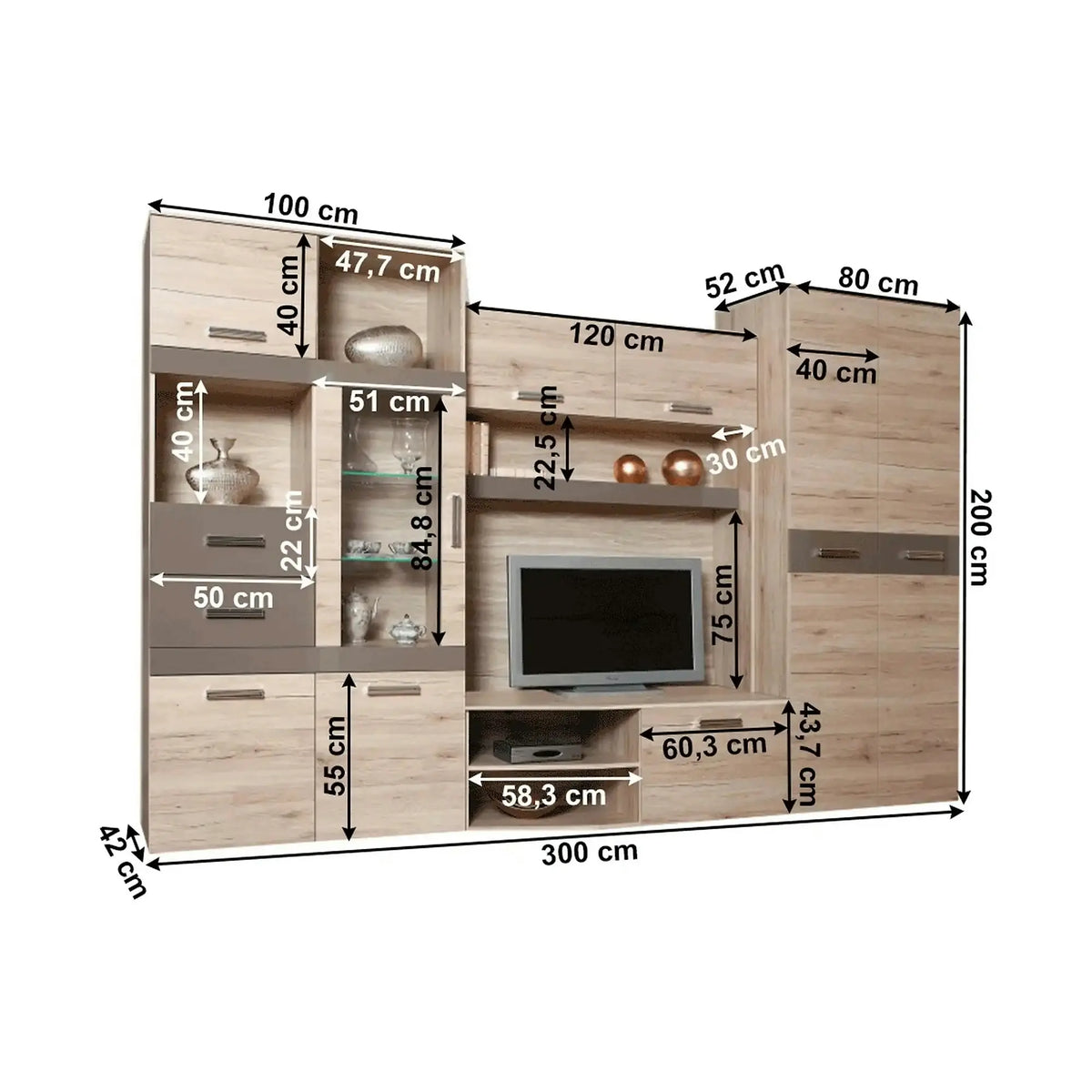 Mobilier living ASSOR, stejar san marino, PAL melaminat/sticla, cu iluminare LED, 4 piese, 300x200x52 cm