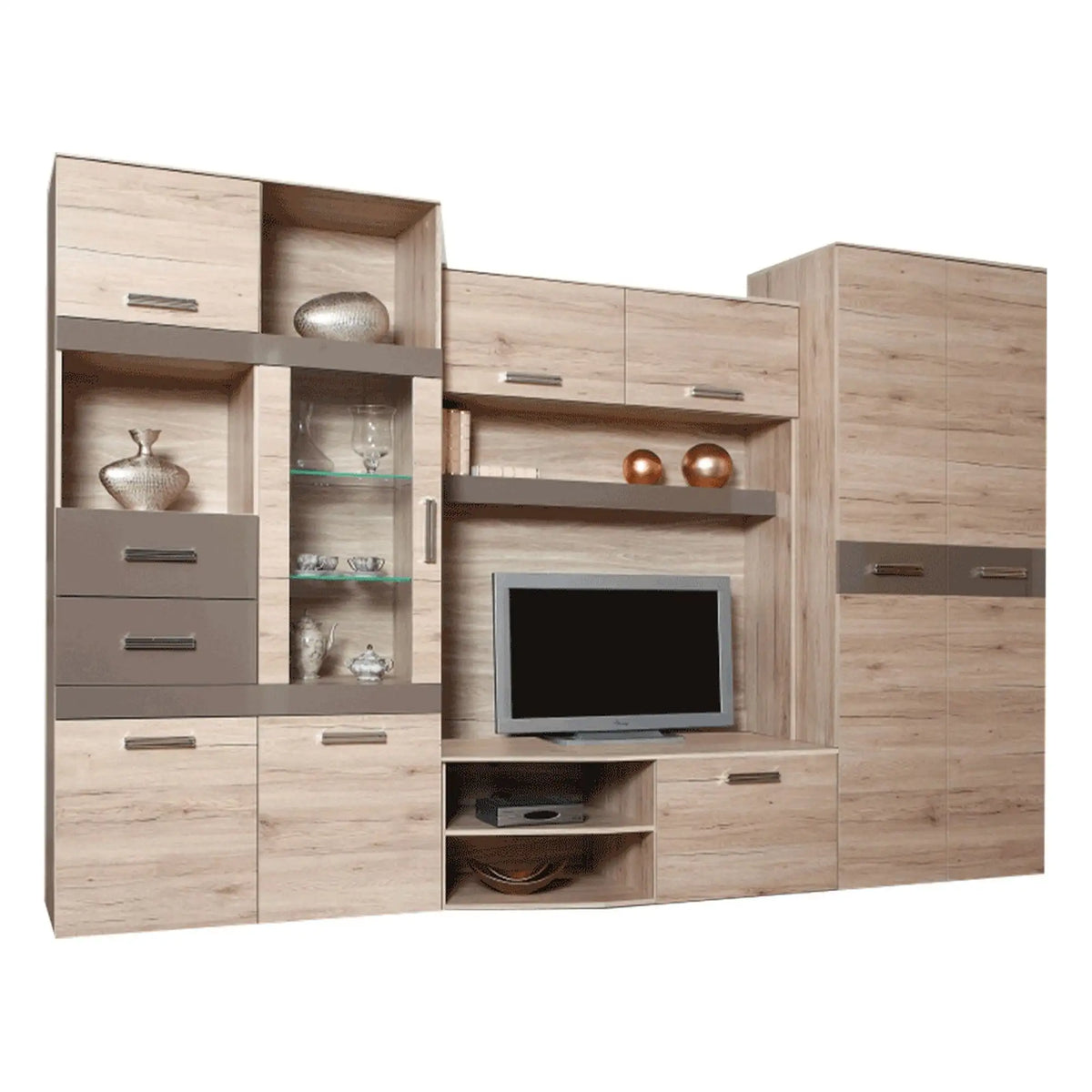 Mobilier living ASSOR, stejar san marino, PAL melaminat/sticla, cu iluminare LED, 4 piese, 300x200x52 cm