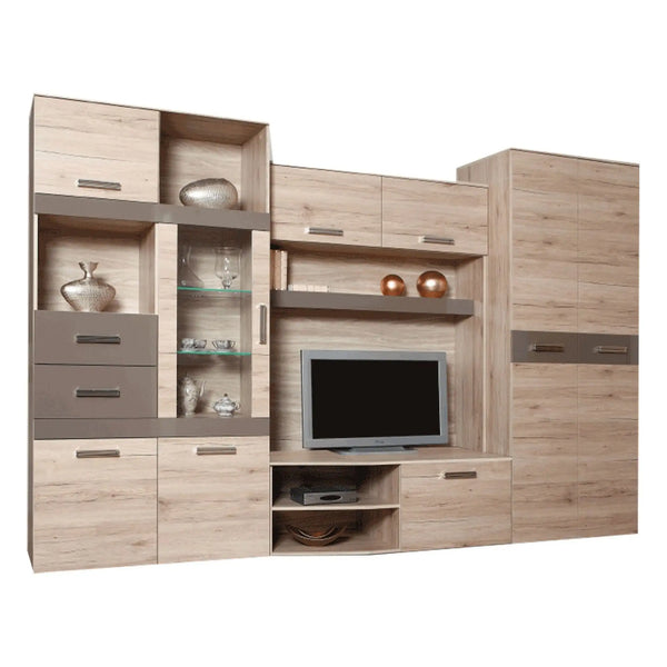 Mobilier living ASSOR, stejar san marino, PAL melaminat/sticla, cu iluminare LED, 4 piese, 300x200x52 cm