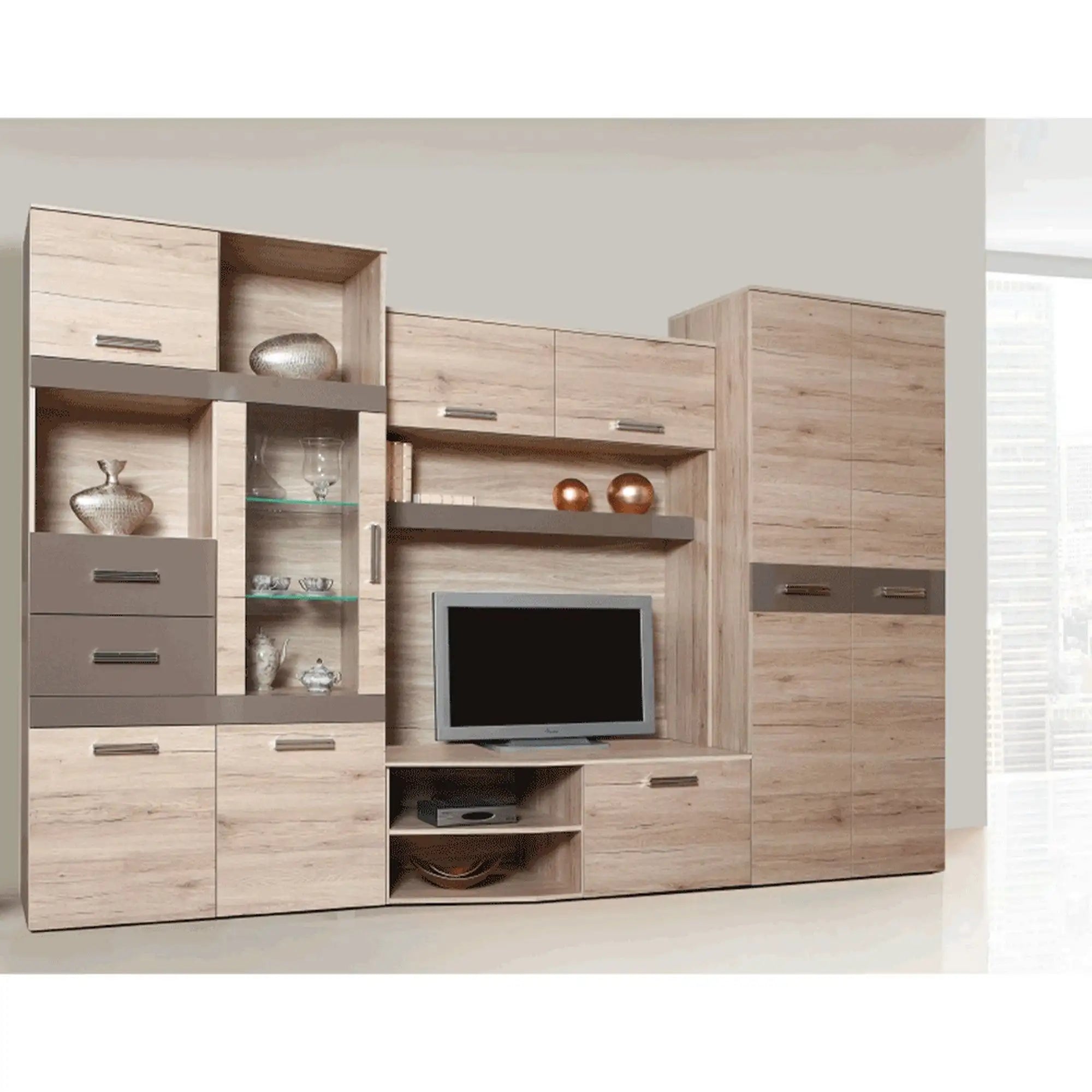 Mobilier living ASSOR, stejar san marino, PAL melaminat/sticla, cu iluminare LED, 4 piese, 300x200x52 cm