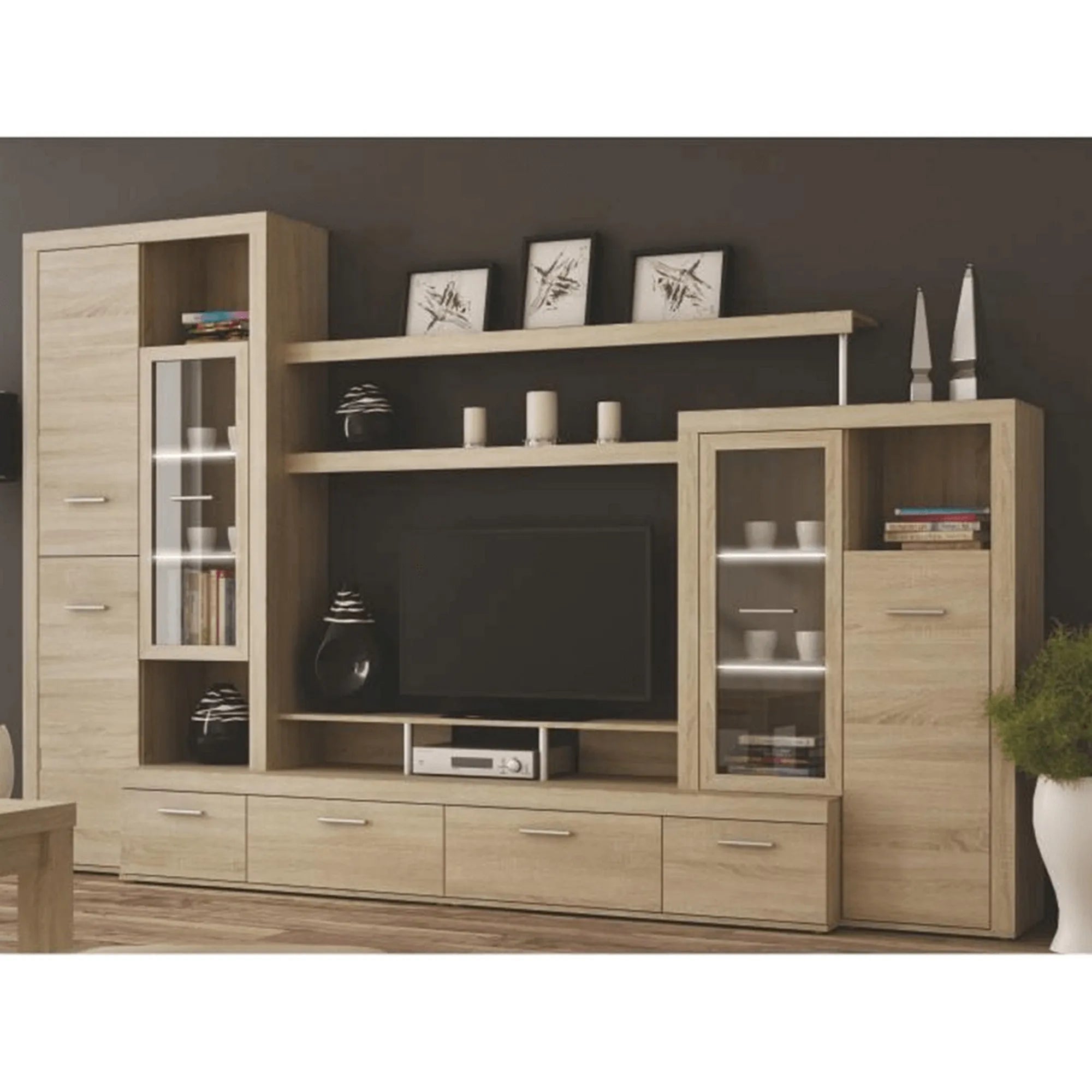 Mobilier living ATLANTIS NEW, stejar sonoma, PAL melaminat/sticla, cu iluminare LED, 5 piese, 314x48x202 cm