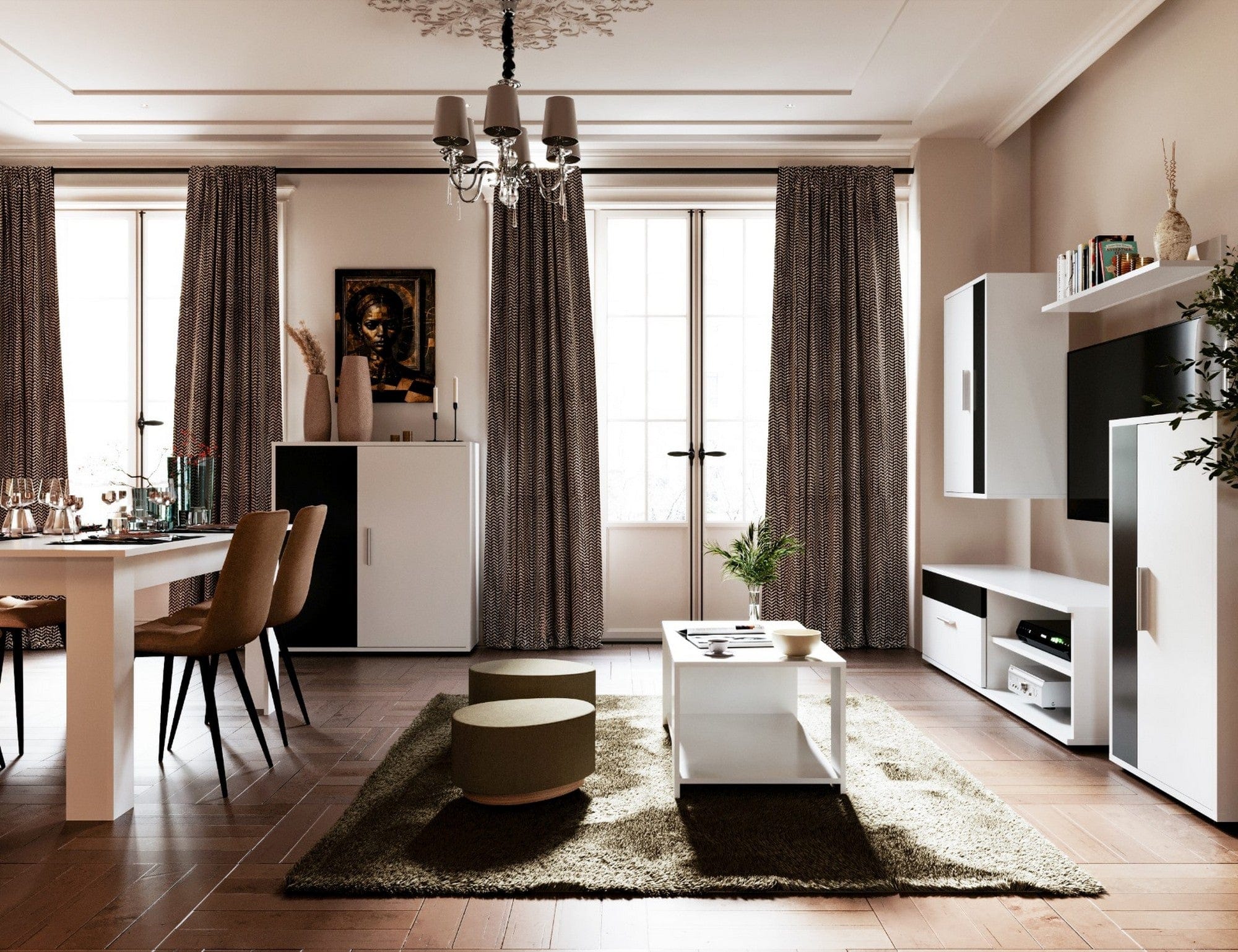 Mobilier living BARATO MINI, alb/negru, PAL, 200x36x190 cm