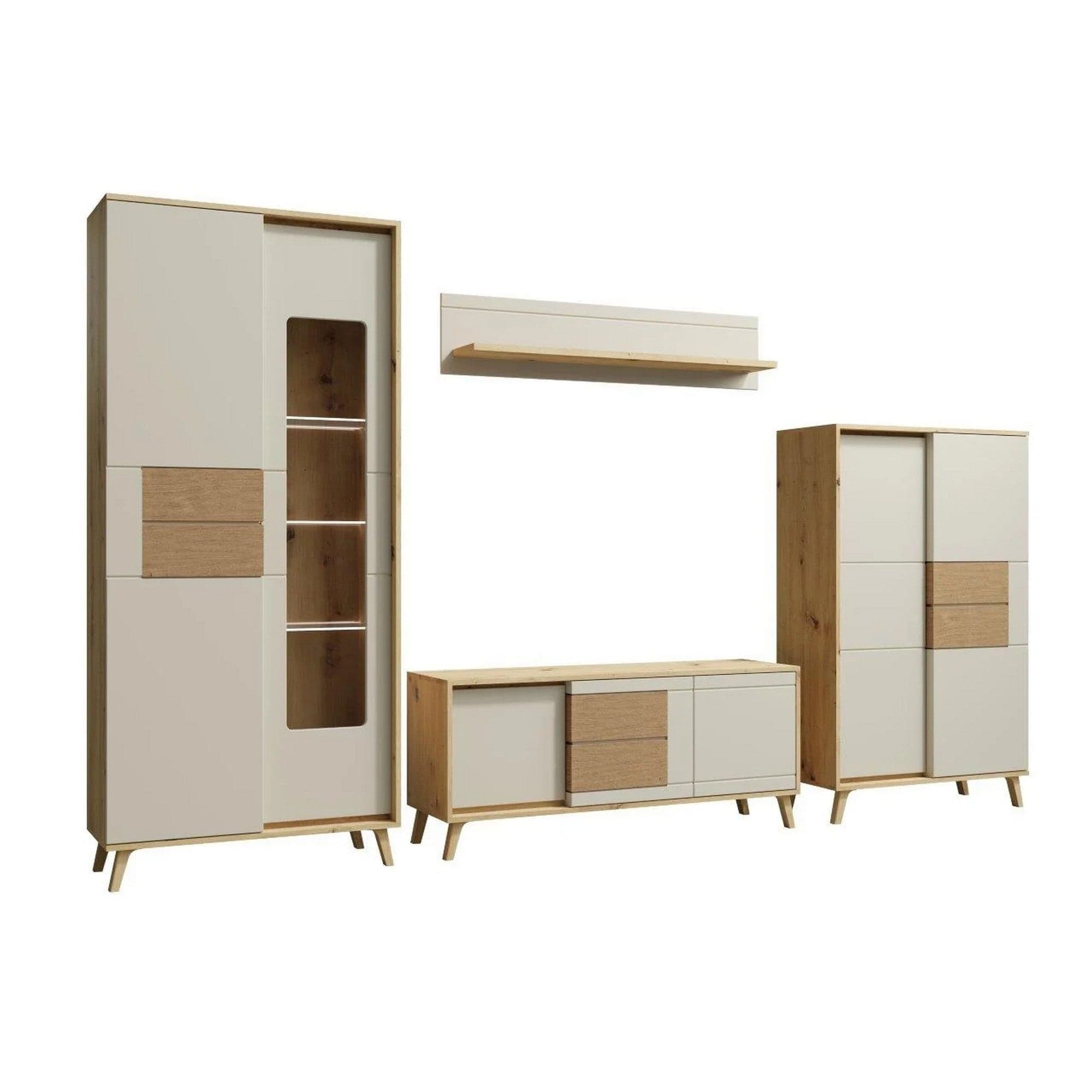 Mobilier living BRUNO A, casmir/stejar, PAL laminat/sticla, 4 piese, 304x41x193 cm